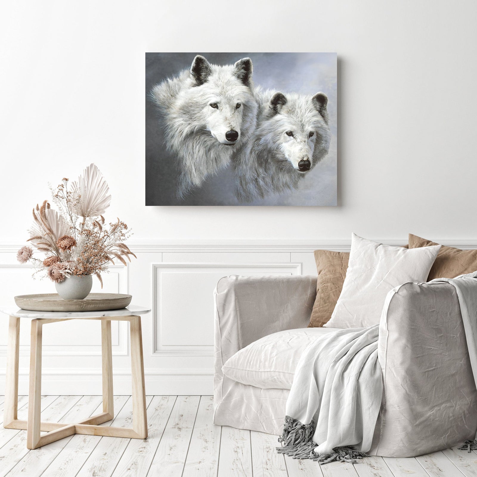 White Wolves | Diamond Painting Displayed as Home Decor