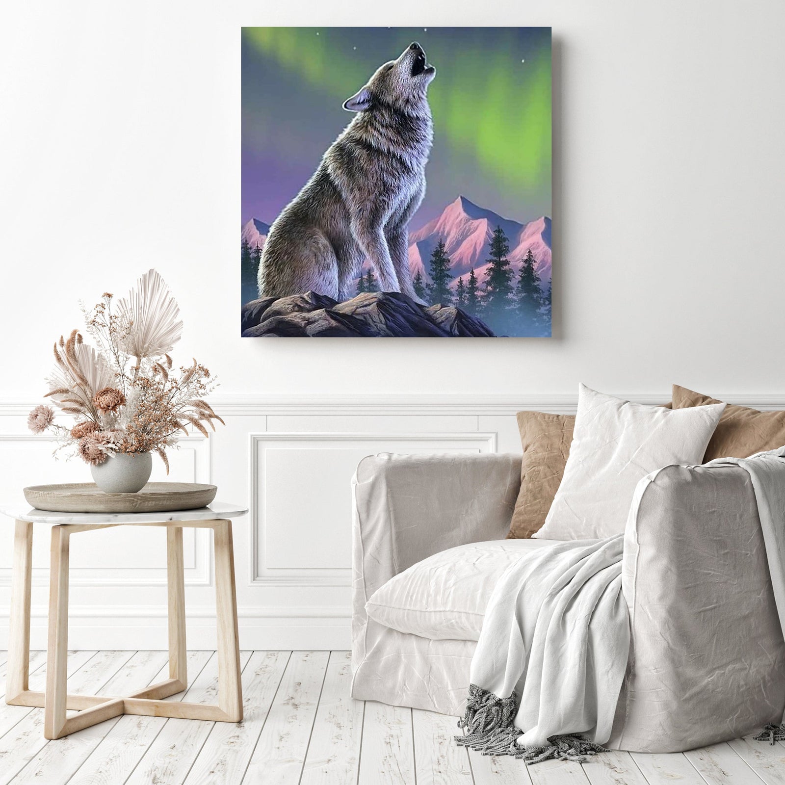 Wolf and Aurora | Diamond Painting Displayed as Home Decor