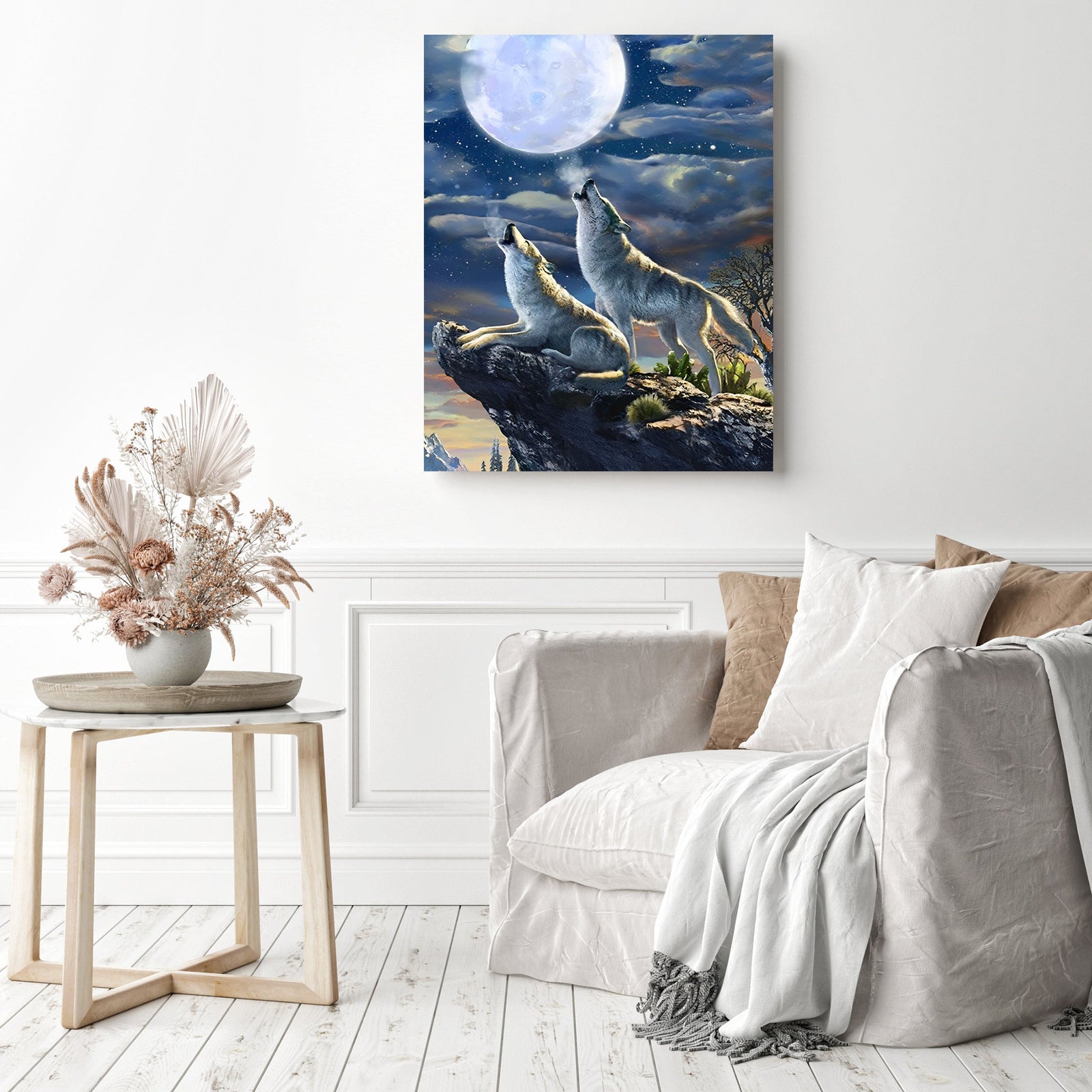 Wolf Moonlight | Diamond Painting Displayed as Home Decor