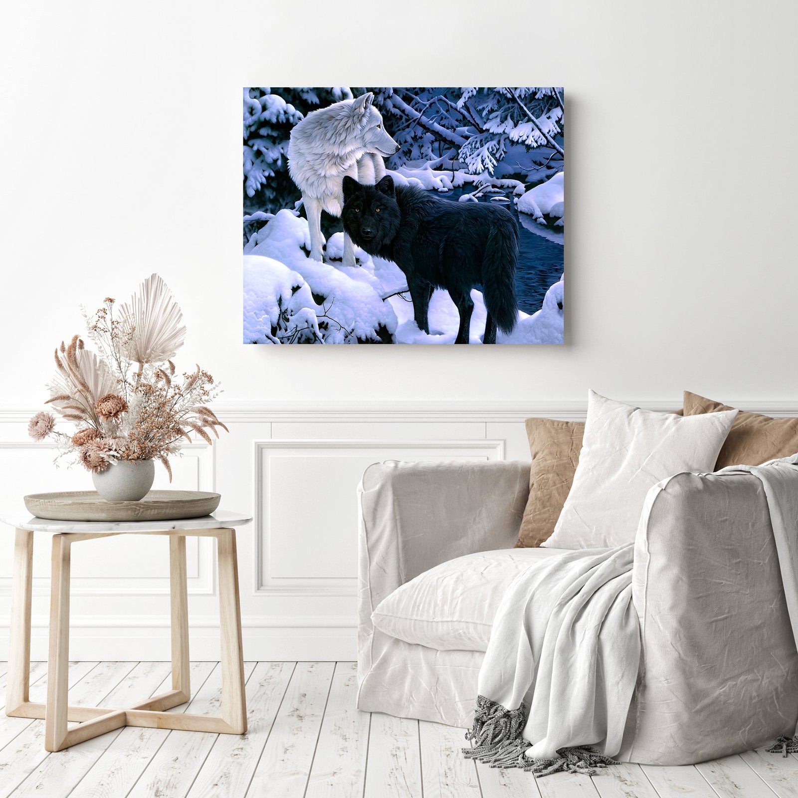 Black and White Wolves | Diamond Painting Displayed as Home Decor