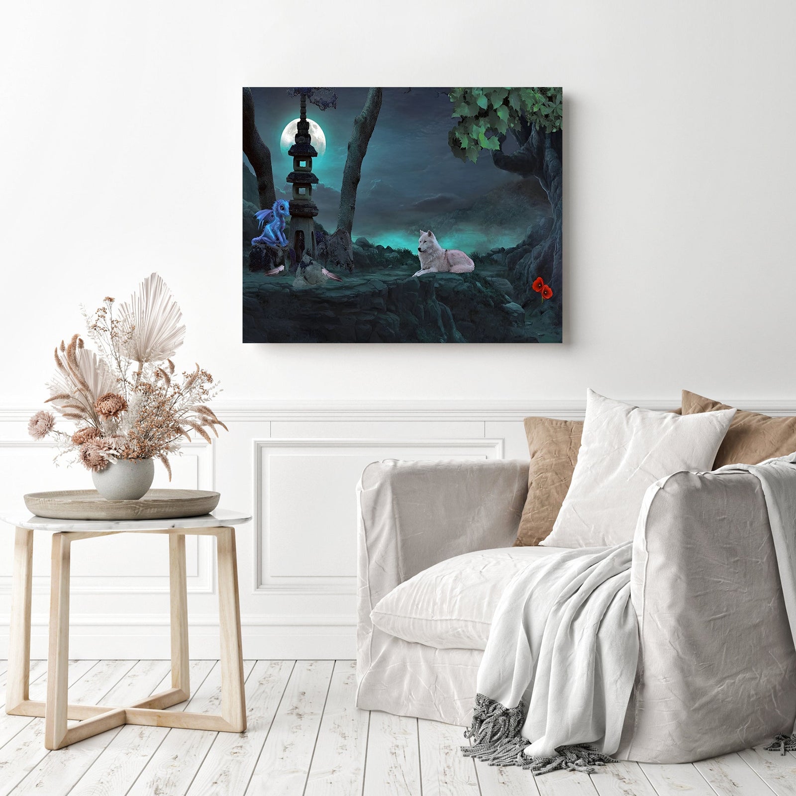 Baby Dragon and Wolf Friend | Diamond Painting Displayed as Home Decor