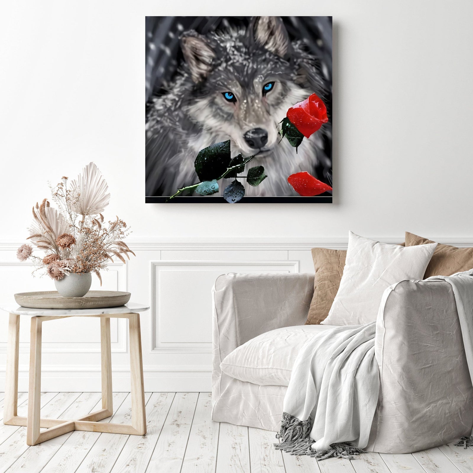 Wolf Rose | Diamond Painting Displayed as Home Decor