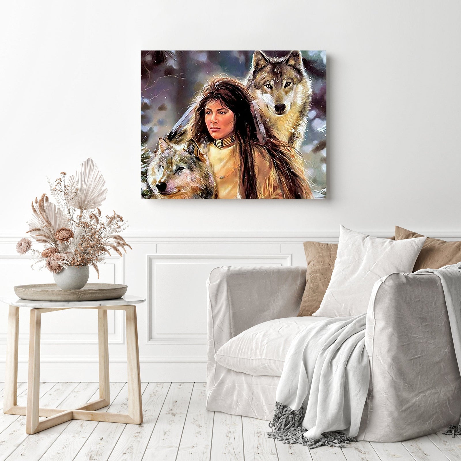 Woman and wolves | Diamond Painting Displayed as Home Decor