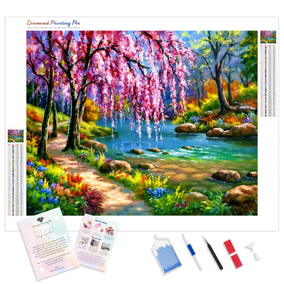 Cherry Blossom Tree Near River | Diamond Painting Kit - Full Drill - Square or Round Diamonds with AB Drills Option