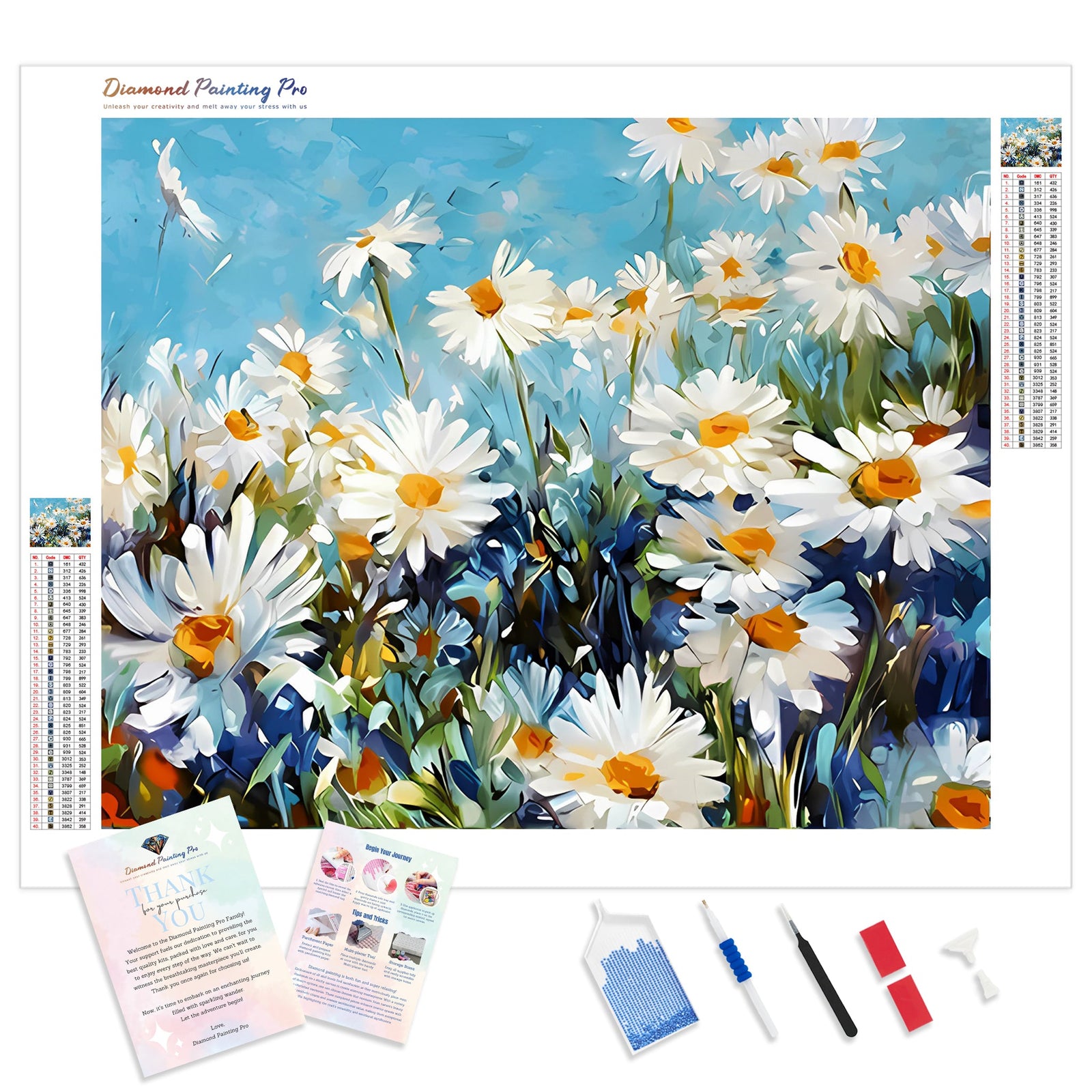 White Daisy Flower | Diamond Painting Kit - Full Drill - Square or Round Diamonds with AB Drills Option