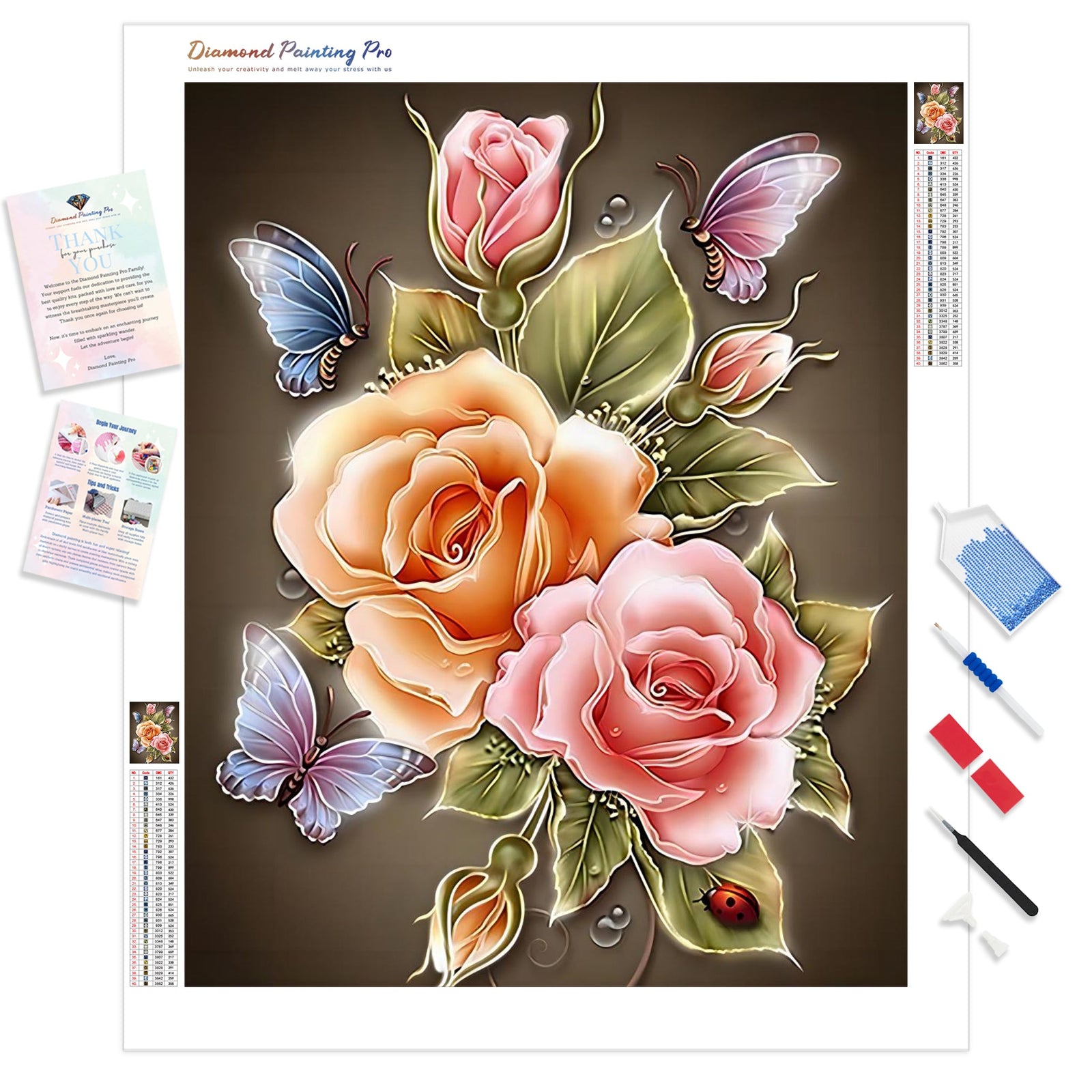 Flower with Butterflies | Diamond Painting Kit - Full Drill - Square or Round Diamonds with AB Drills Option