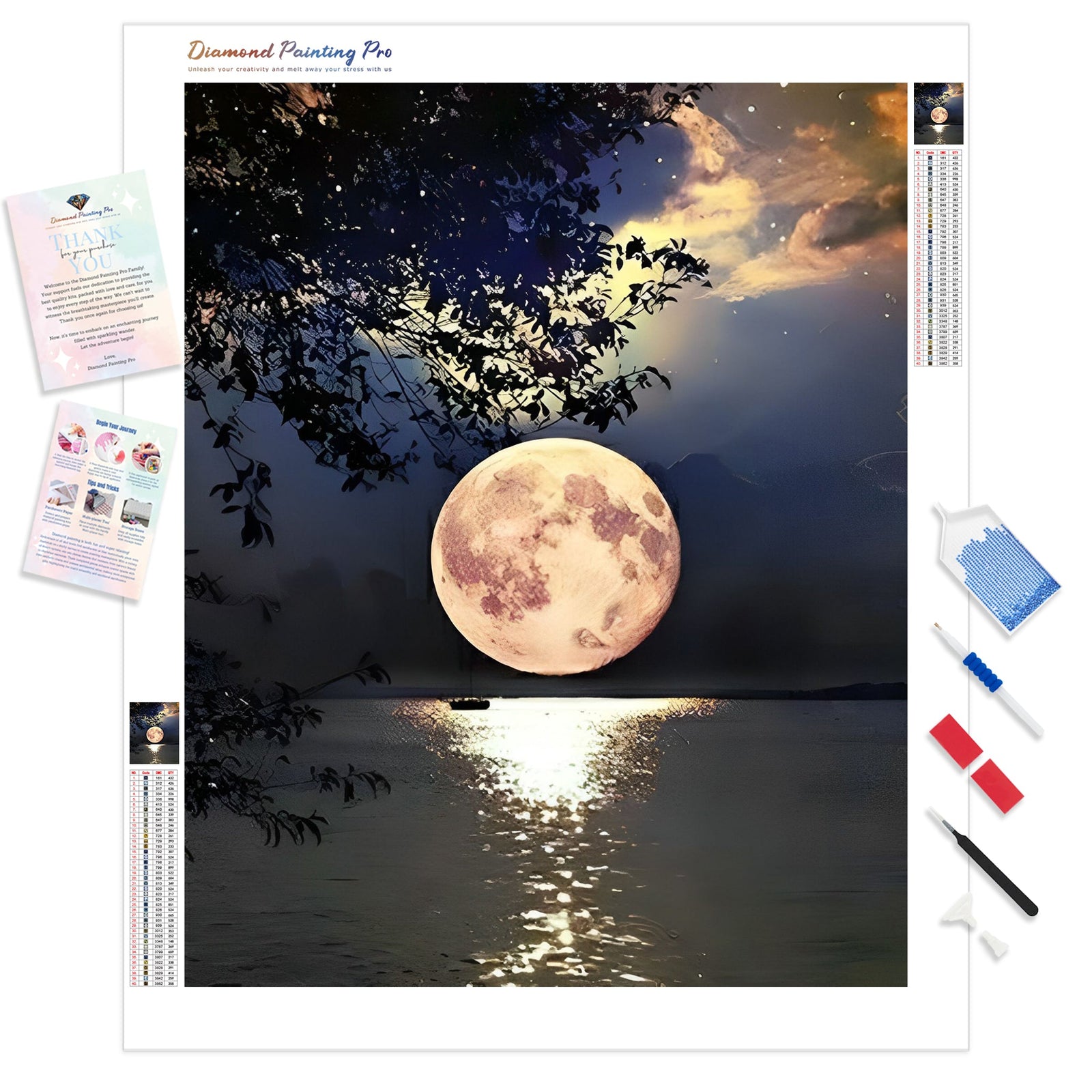 Beautiful Full Moon On Lake | Diamond Painting Kit - Full Drill - Square or Round Diamonds with AB Drills Option