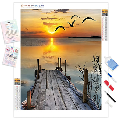 Lakeside Sunset Jetty Bliss | Diamond Painting Kit - Full Drill - Square or Round Diamonds with AB Drills Option