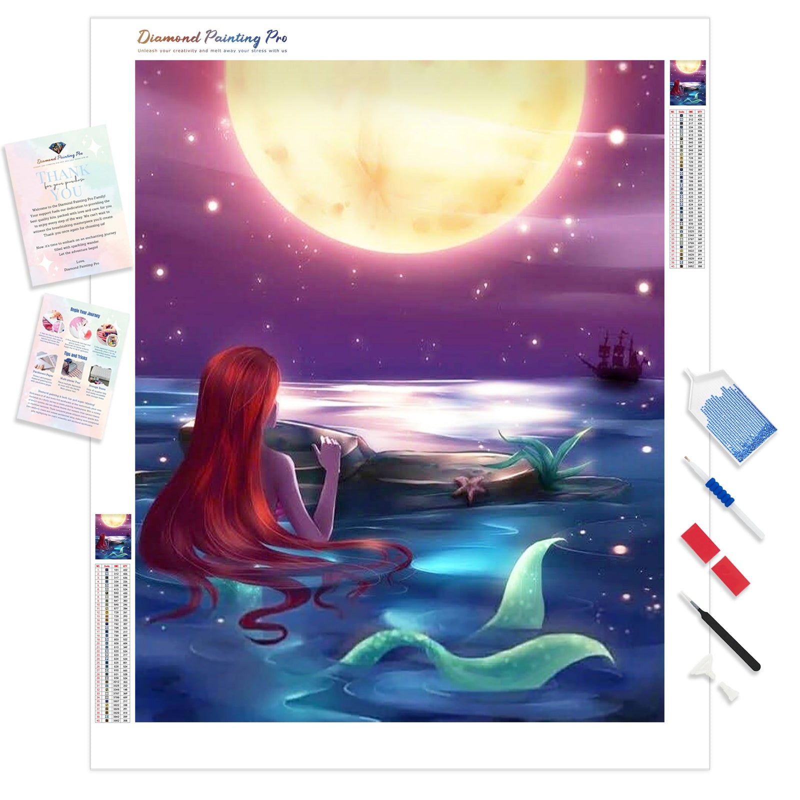 The Little Mermaid Watching the Moon | Diamond Painting Kit - Full Drill - Square or Round Diamonds with AB Drills Option