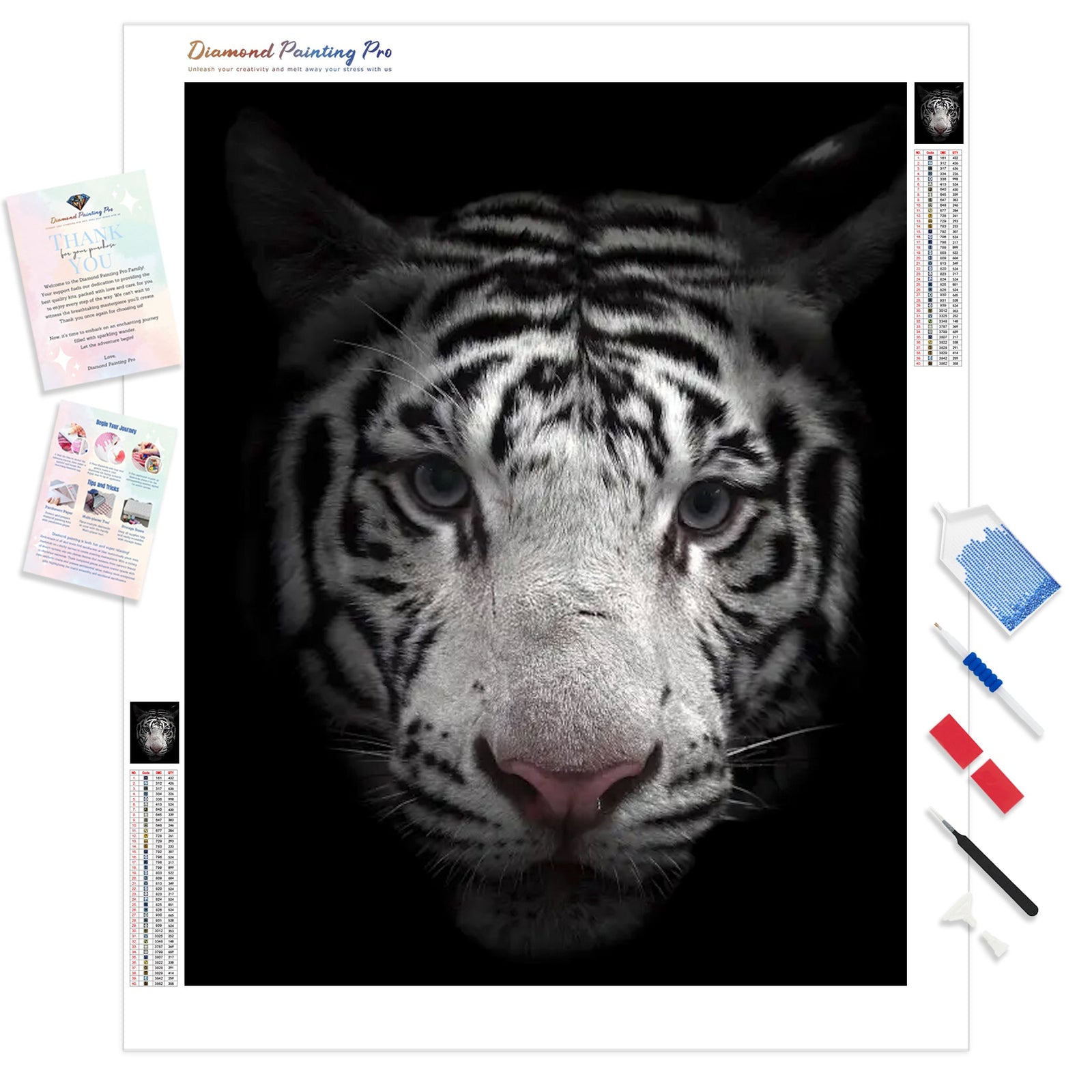 Black and White Bengal Tiger | Diamond Painting Kit - Full Drill - Square or Round Diamonds with AB Drills Option