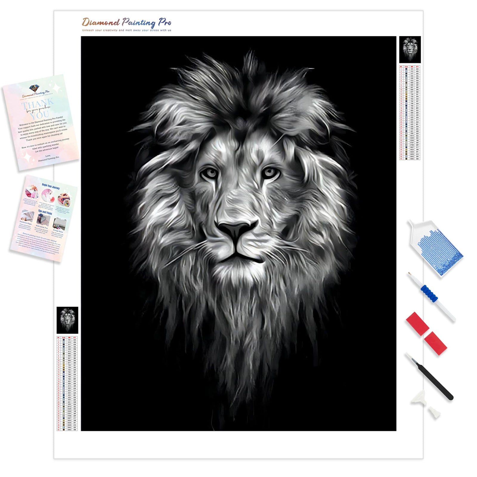 Black and White Lion Face | Diamond Painting Kit - Full Drill - Square or Round Diamonds with AB Drills Option