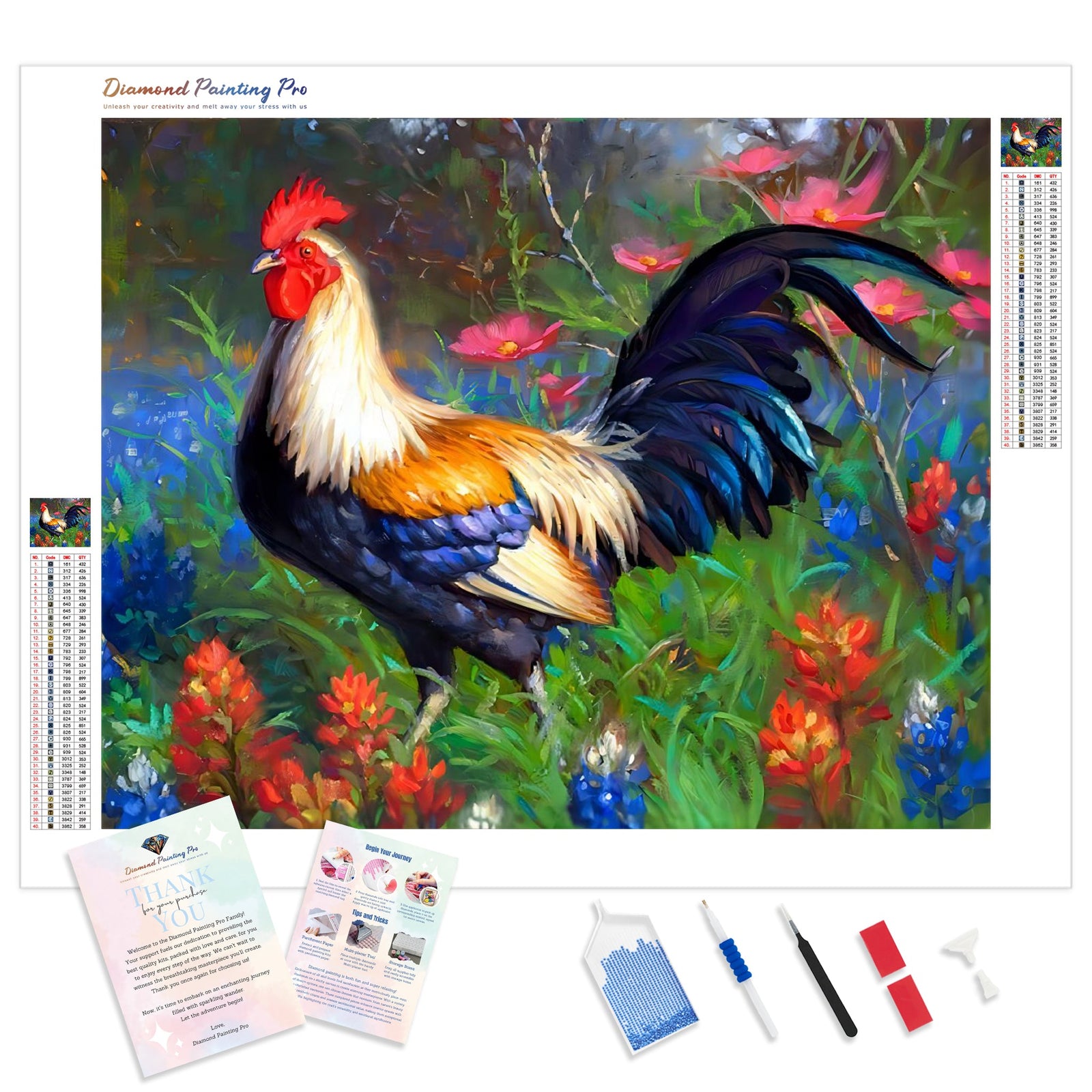 Floral Rooster | Diamond Painting Kit - Full Drill - Square or Round Diamonds with AB Drills Option