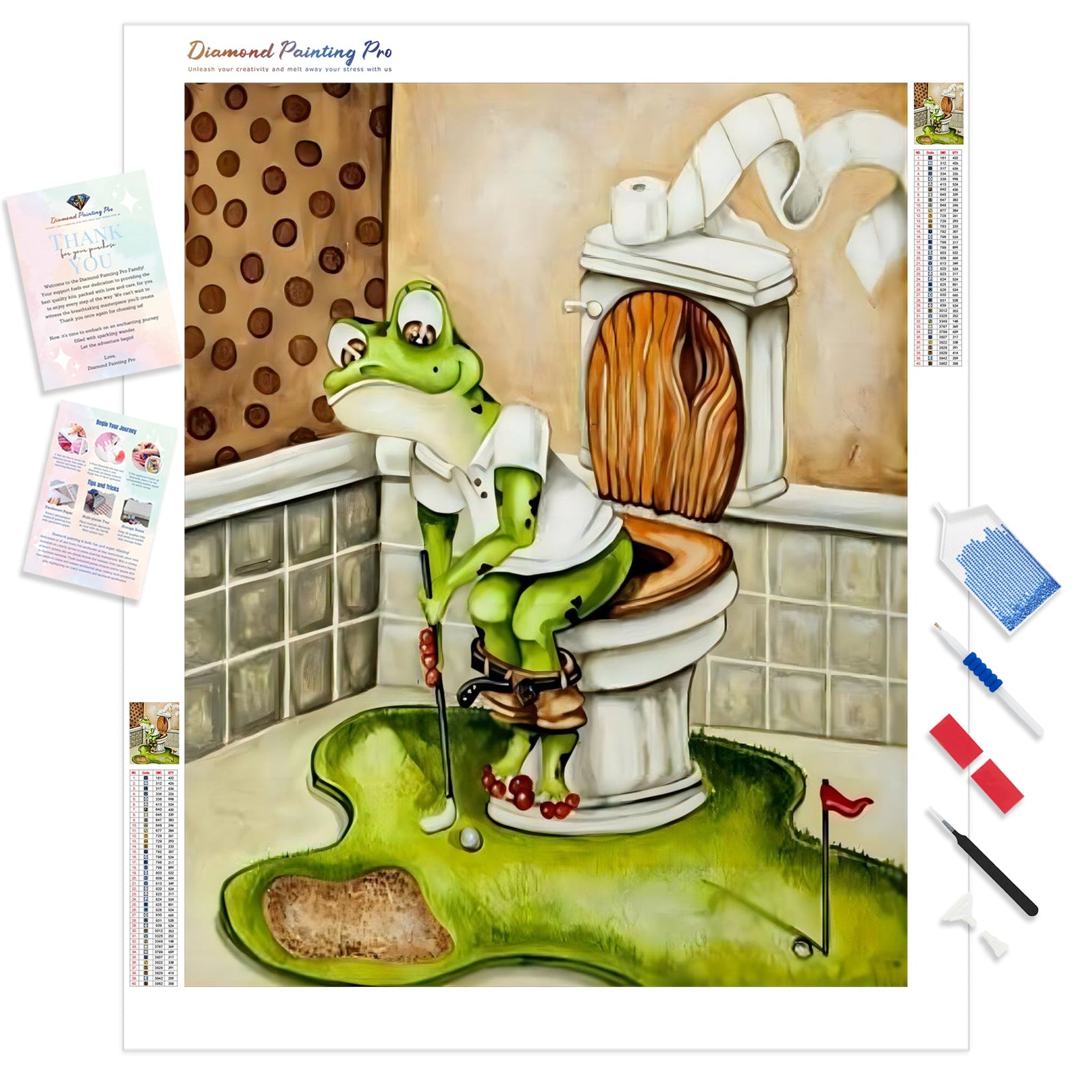 Frog Toilet Golf | Diamond Painting Kit - Full Drill - Square or Round Diamonds with AB Drills Option