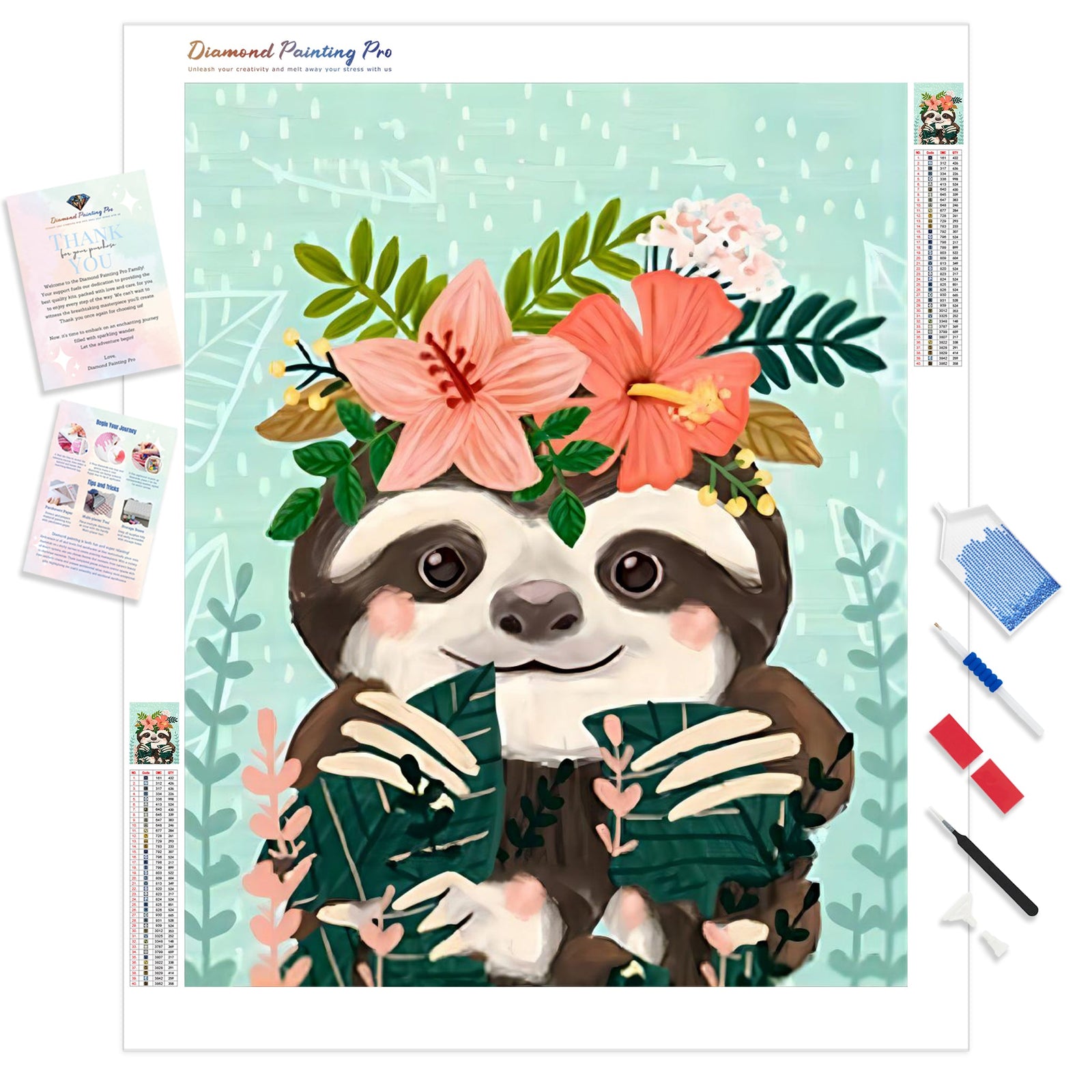 Flower and Sloth | Diamond Painting Kit - Full Drill - Square or Round Diamonds with AB Drills Option