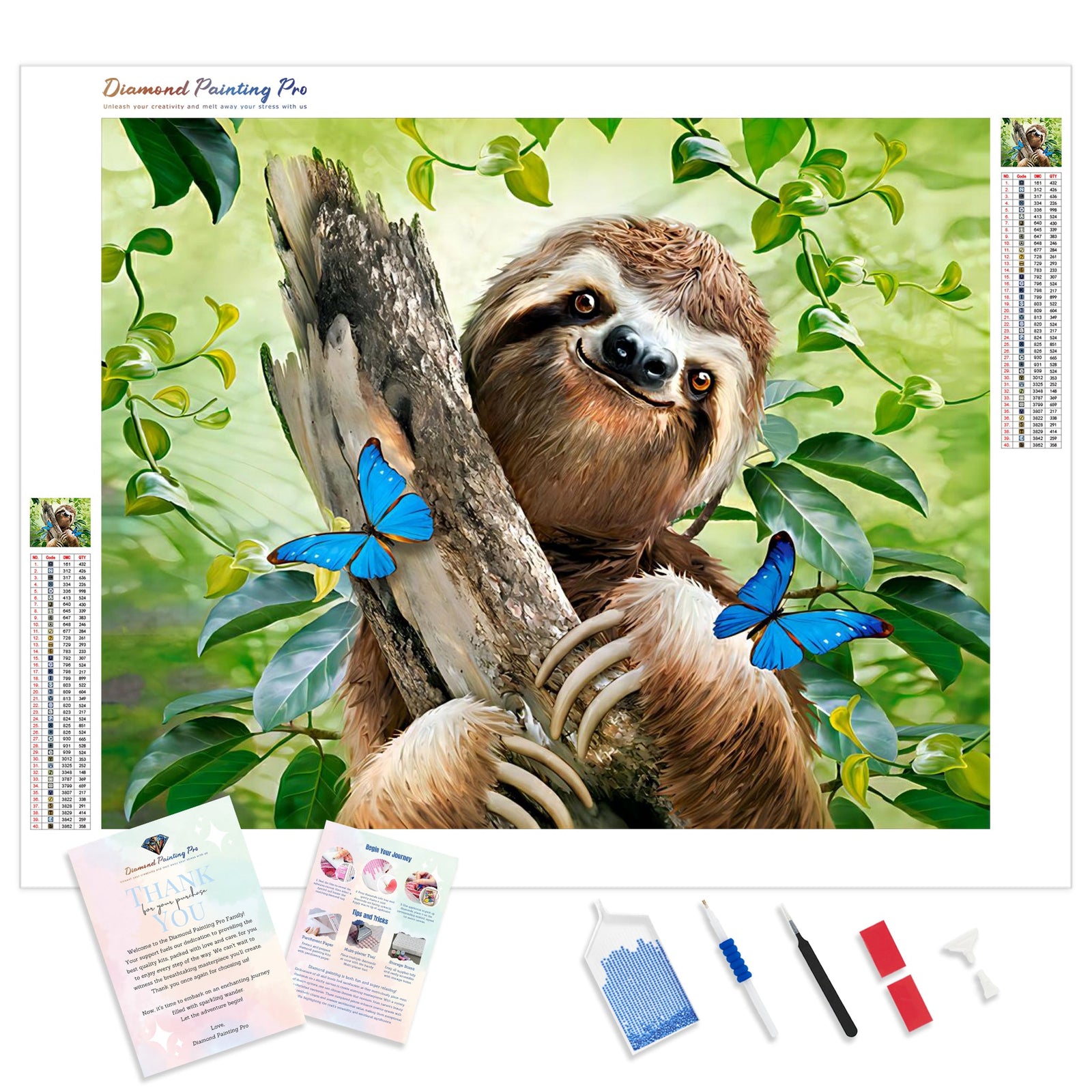 Sloth and Butterflies | Diamond Painting Kit - Full Drill - Square or Round Diamonds with AB Drills Option