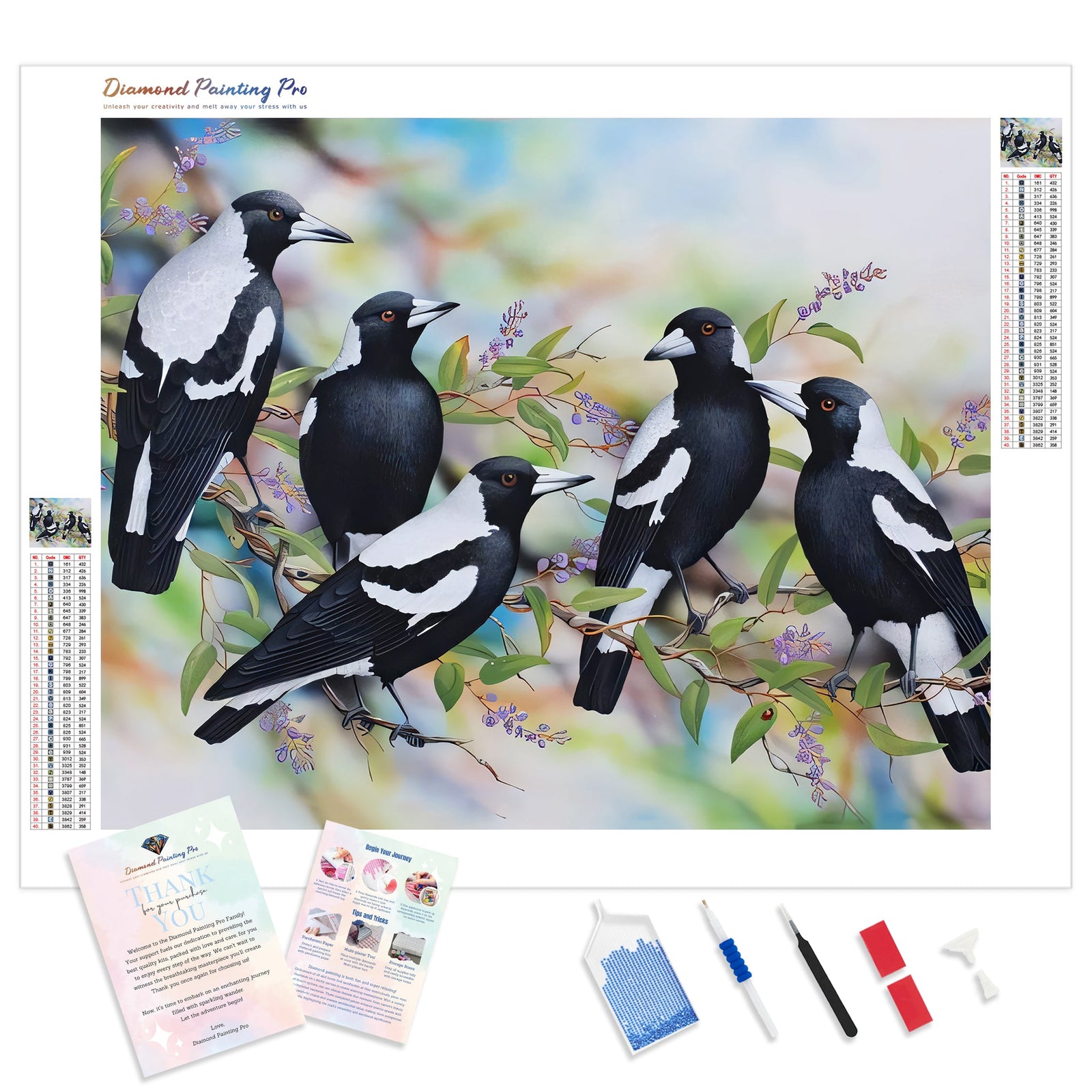 Magpies | Diamond Painting Kit - Full Drill - Square or Round Diamonds with AB Drills Option