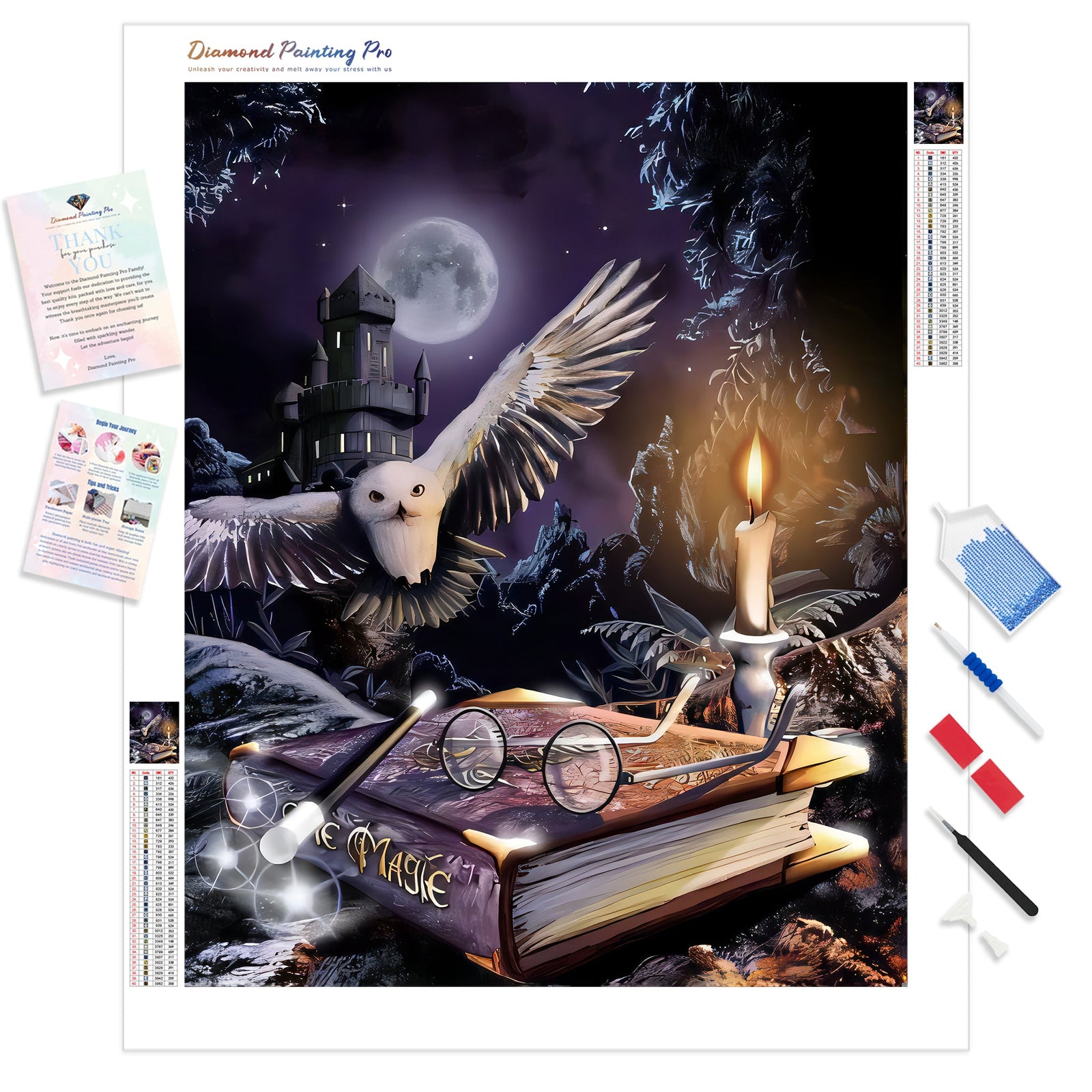 Magical Owl and Castle | Diamond Painting Kit - Full Drill - Square or Round Diamonds with AB Drills Option