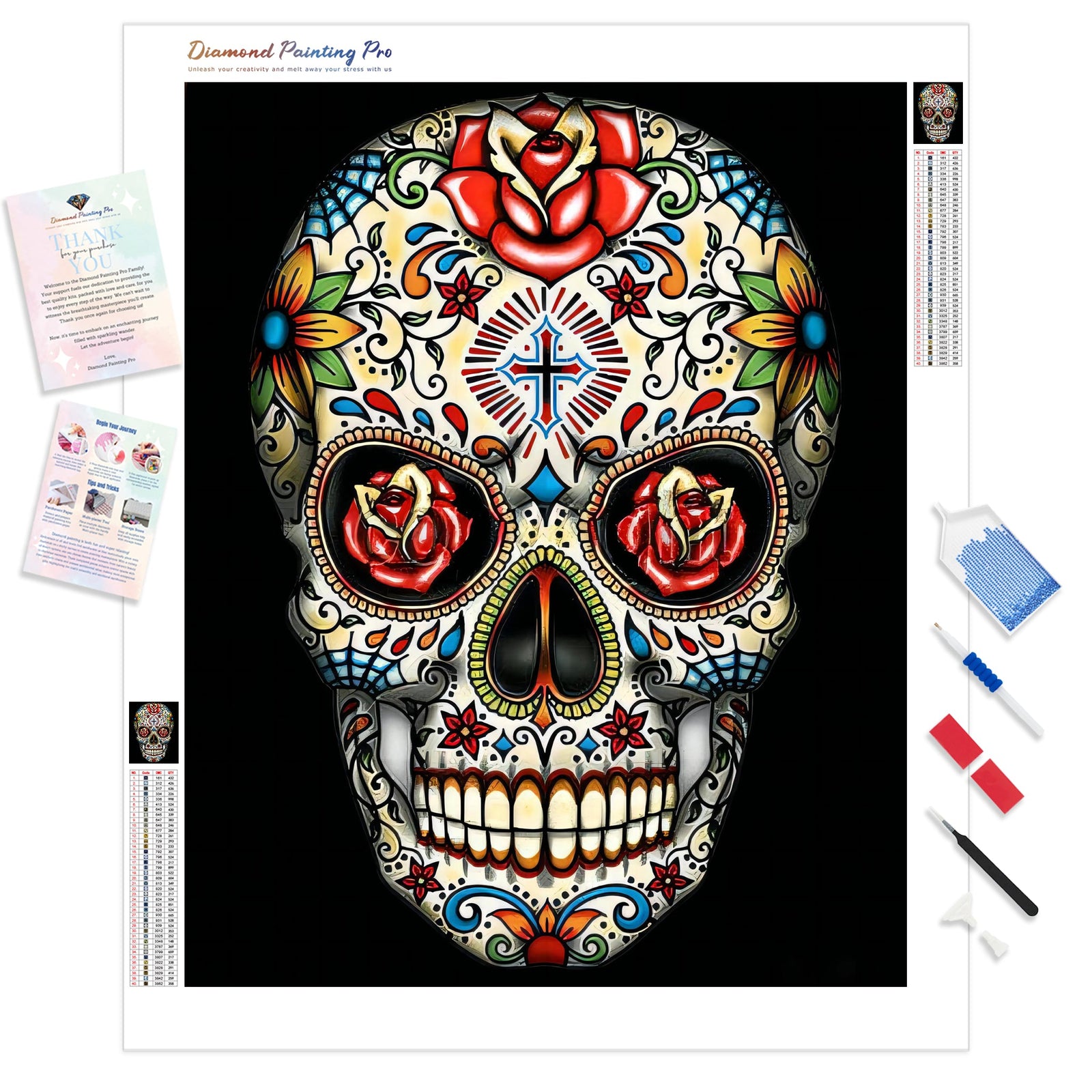 Sugar Skull With Rose Eyes | Diamond Painting Kit - Full Drill - Square or Round Diamonds with AB Drills Option