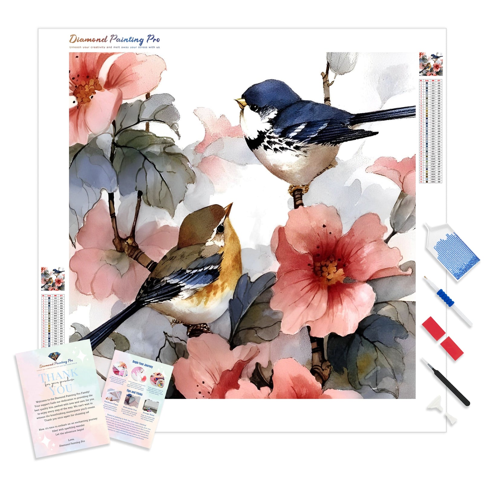 Two Birds on the Flower Branch | Diamond Painting Kit - Full Drill - Square or Round Diamonds with AB Drills Option