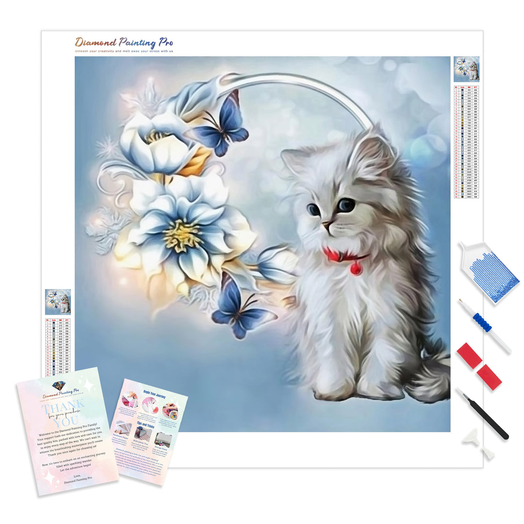 Cute Cat Flower Butterfly | Diamond Painting Kit - Full Drill - Square or Round Diamonds with AB Drills Option