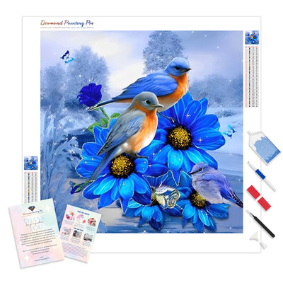 Winter Birds On The Blue Flowers | Diamond Painting Kit - Full Drill - Square or Round Diamonds with AB Drills Option