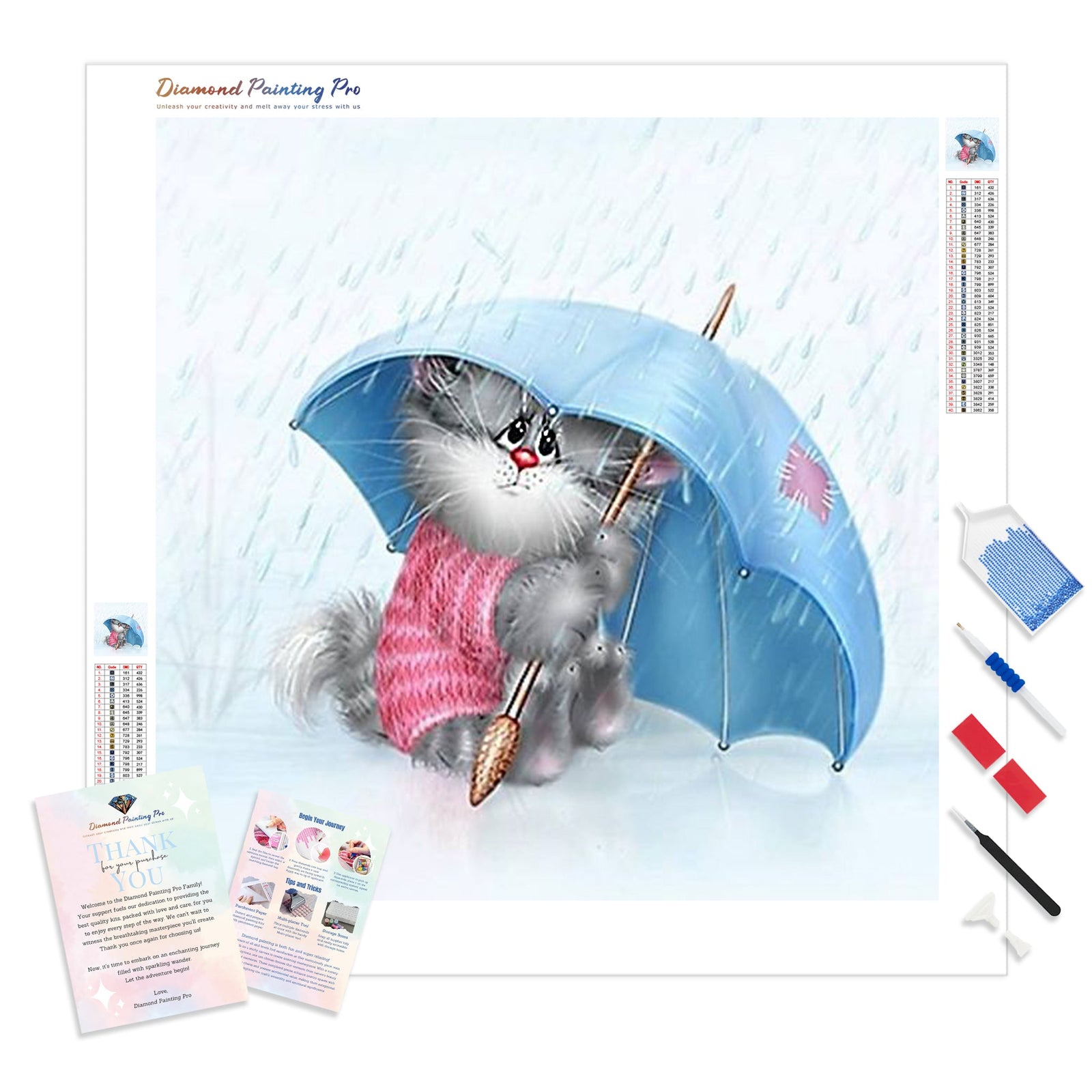 Cartoon Cat Under The Umbrella | Diamond Painting Kit - Full Drill - Square or Round Diamonds with AB Drills Option