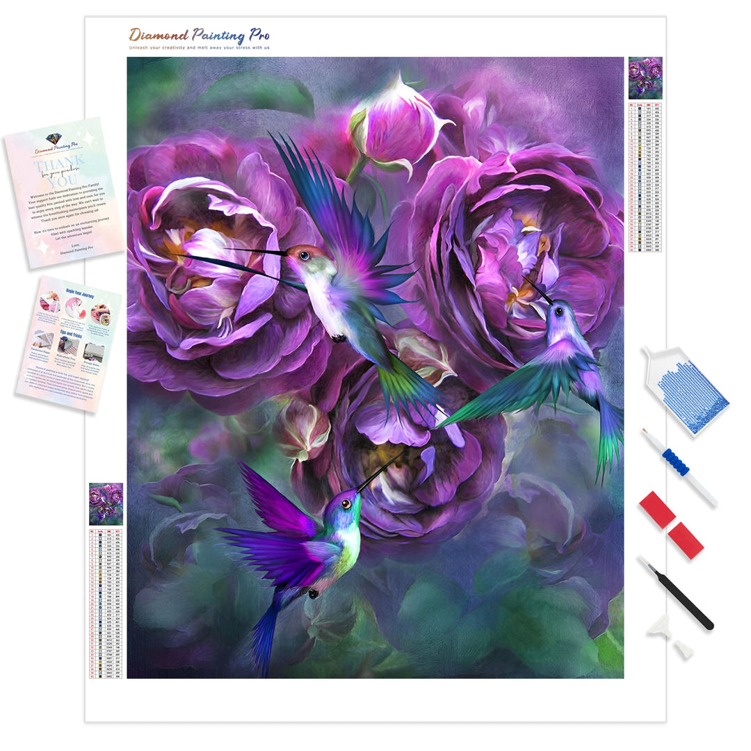 Hummingbird and Purple Rose | Diamond Painting Kit - Full Drill - Square or Round Diamonds with AB Drills Option