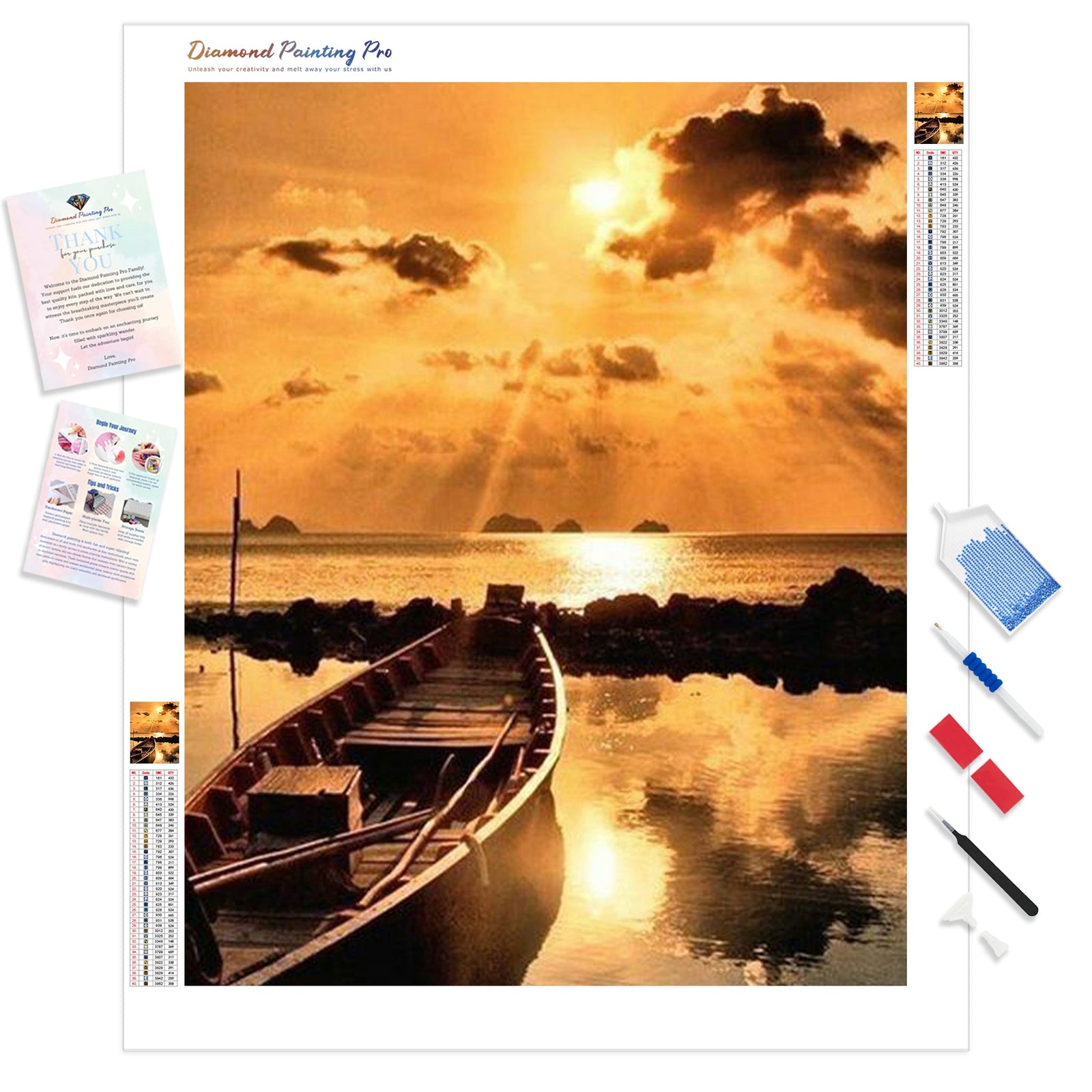 Serene Sunset Boat | Diamond Painting Kit - Full Drill - Square or Round Diamonds with AB Drills Option