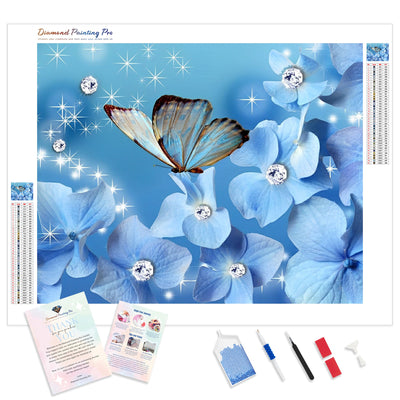 Blue Butterflies and Gliter Flowers | Diamond Painting Kit - Full Drill - Square or Round Diamonds with AB Drills Option