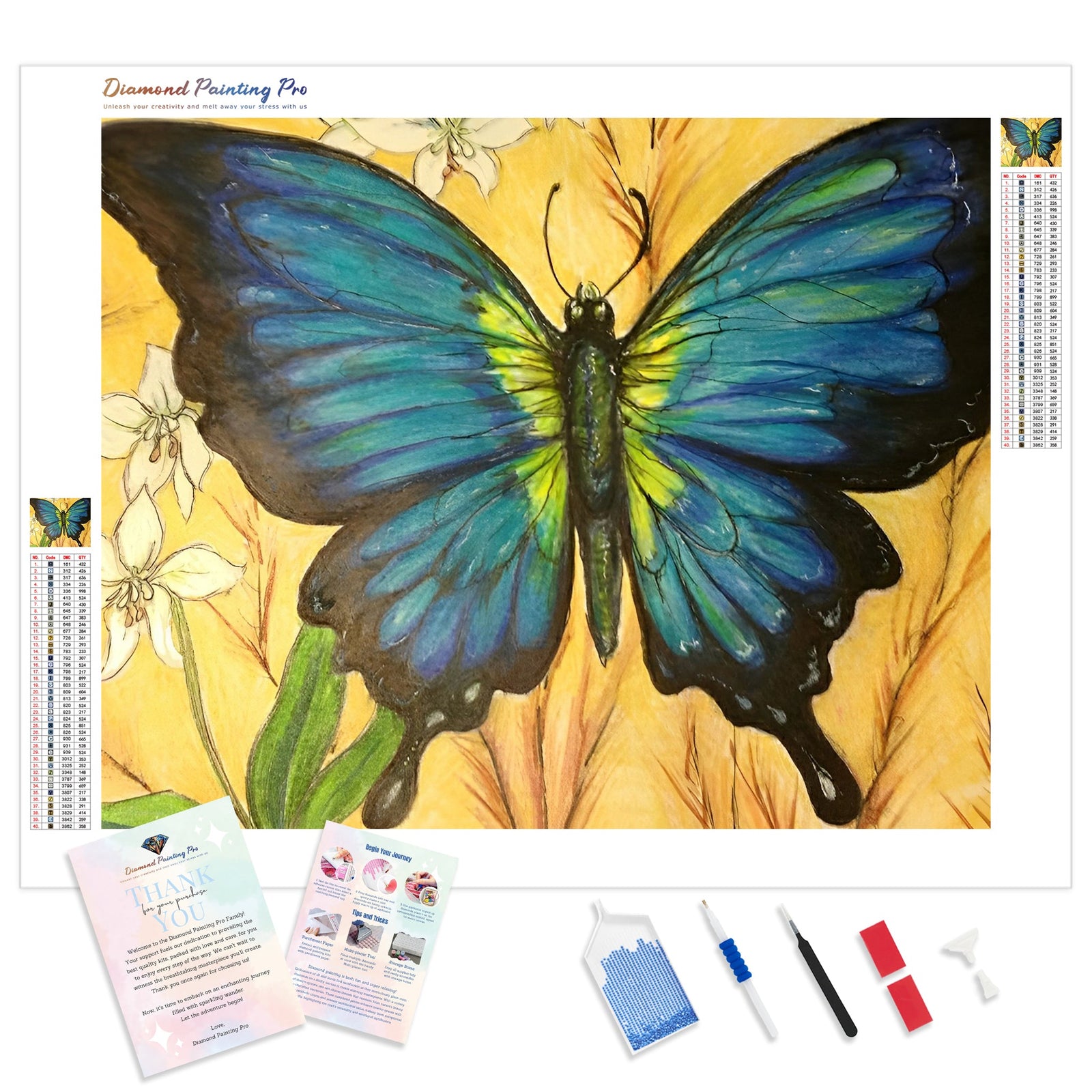 Blue Butterfly and Iris | Diamond Painting Kit - Full Drill - Square or Round Diamonds with AB Drills Option