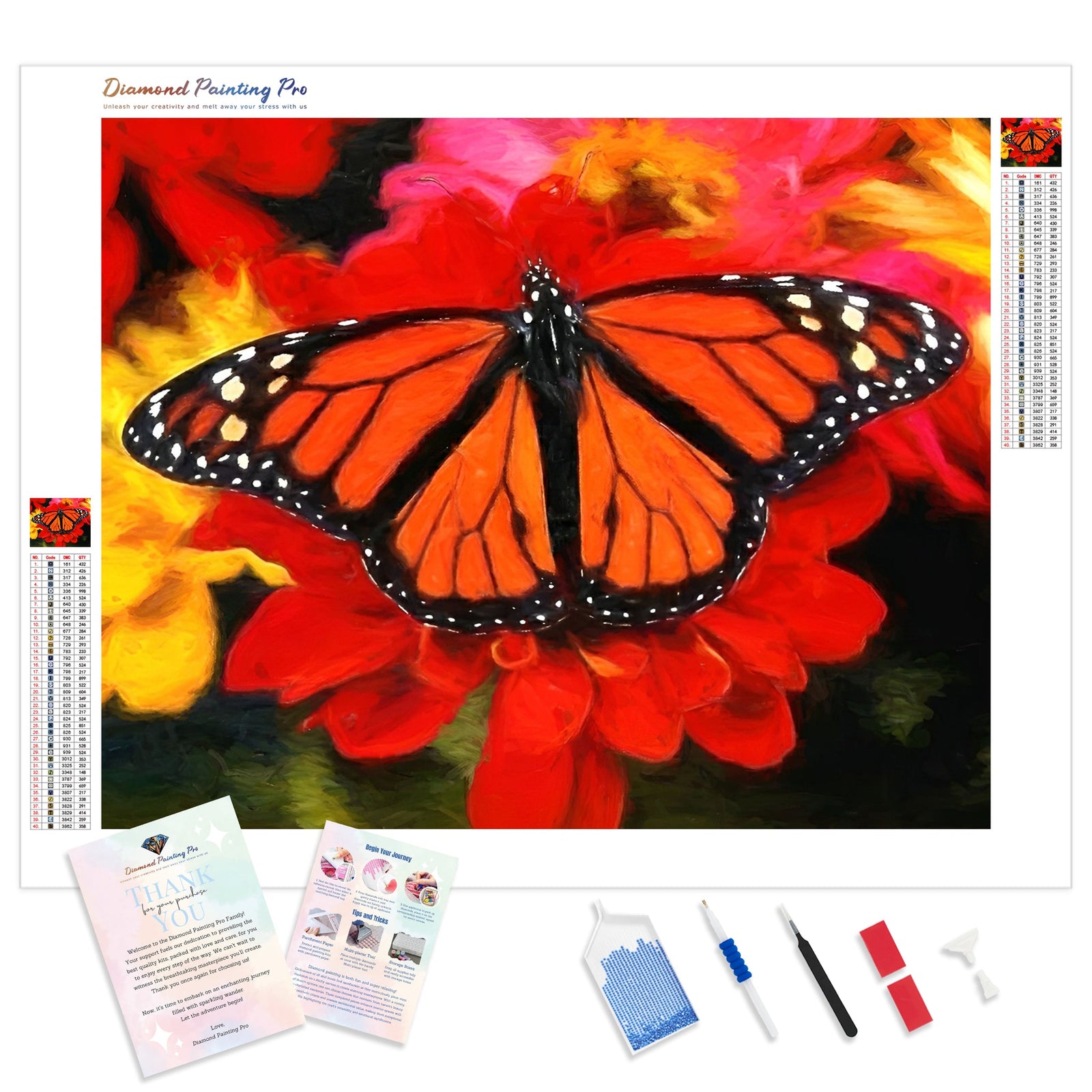 Monarch Butterfly and Red Flowers | Diamond Painting Kit - Full Drill - Square or Round Diamonds with AB Drills Option