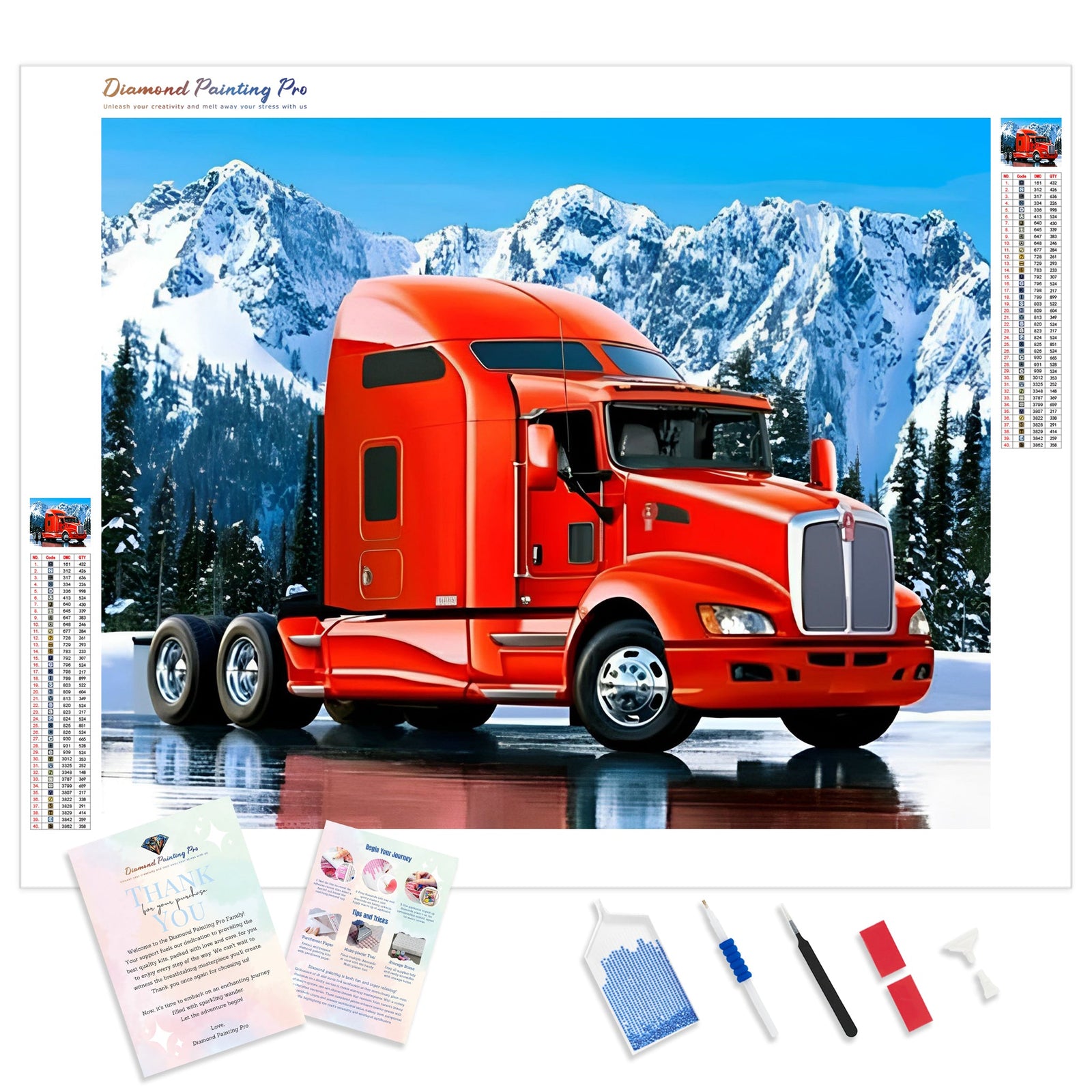 Red Truck in Snow | Diamond Painting Kit - Full Drill - Square or Round Diamonds with AB Drills Option