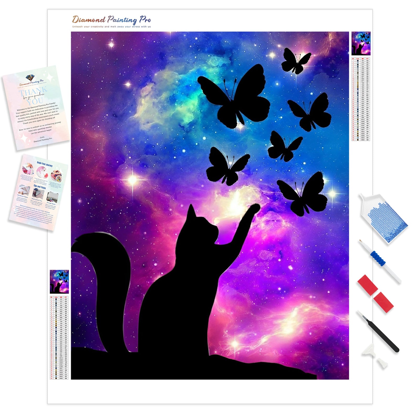 Cat with Butterfly | Diamond Painting Kit - Full Drill - Square or Round Diamonds with AB Drills Option