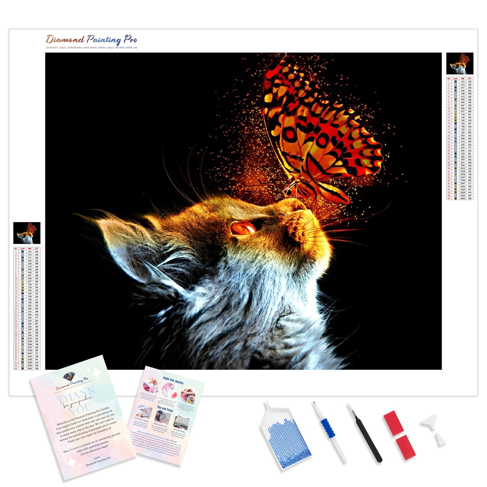 Cat and Blazing Butterfly | Diamond Painting Kit - Full Drill - Square or Round Diamonds with AB Drills Option