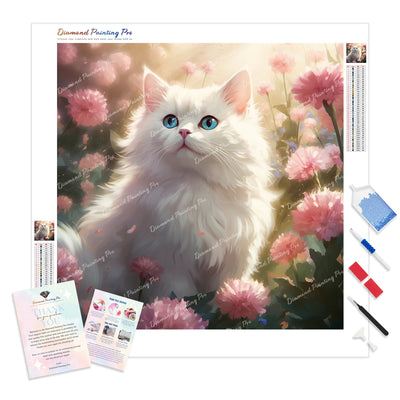 White Cat with Peony Flower | Diamond Painting