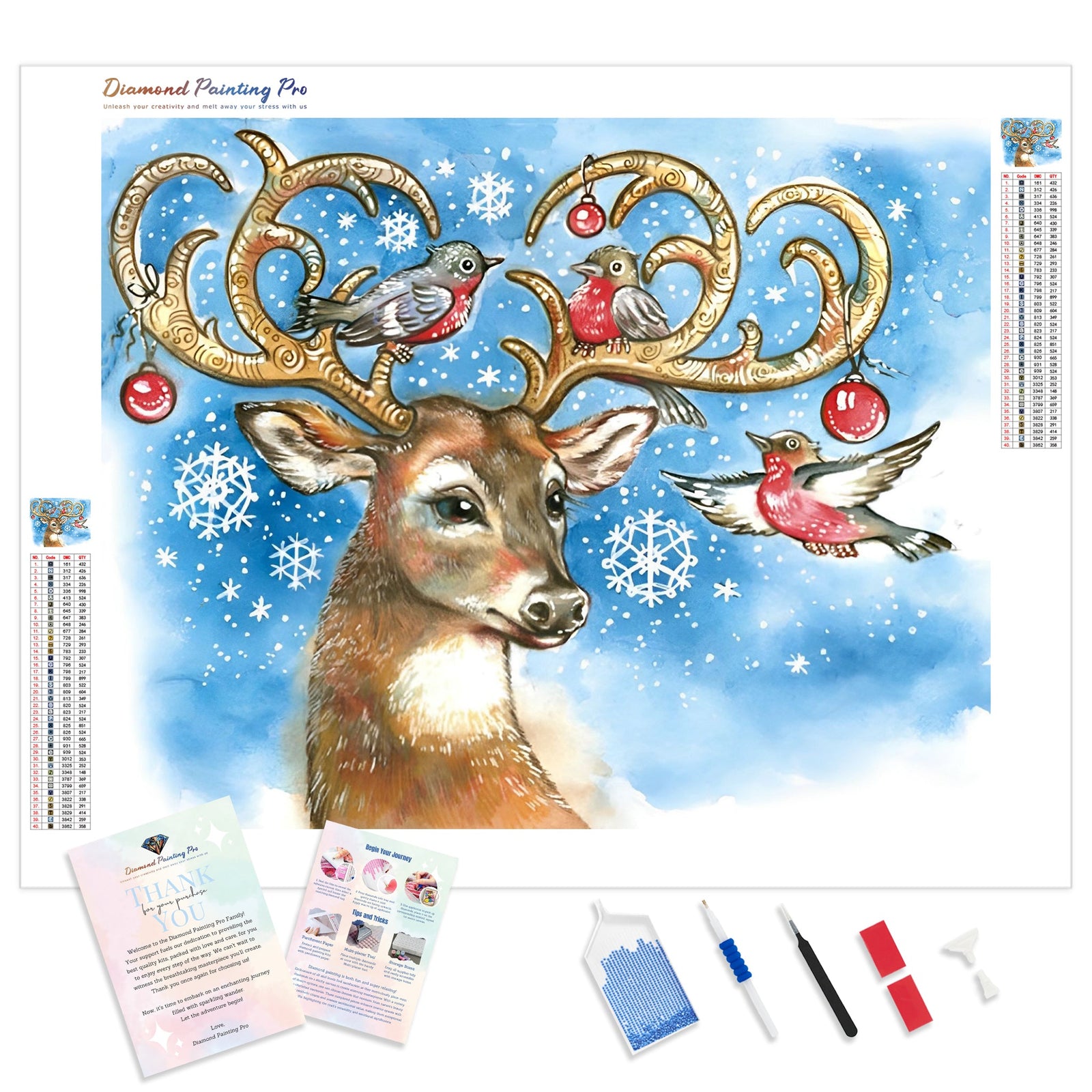 Christmas Deer and Birds | Diamond Painting Kit - Full Drill - Square or Round Diamonds with AB Drills Option