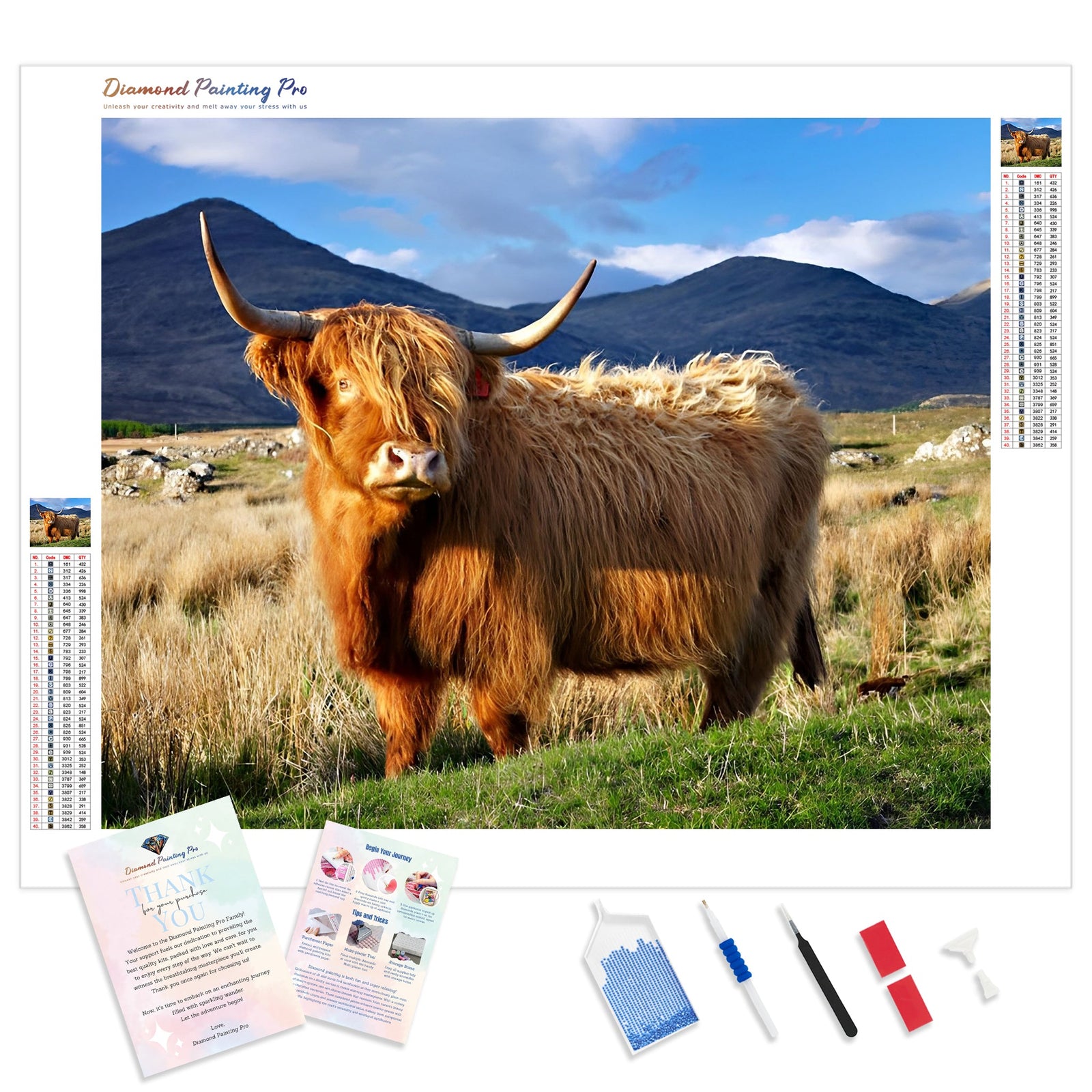 Highlander Cow | Diamond Painting Kit - Full Drill - Square or Round Diamonds with AB Drills Option