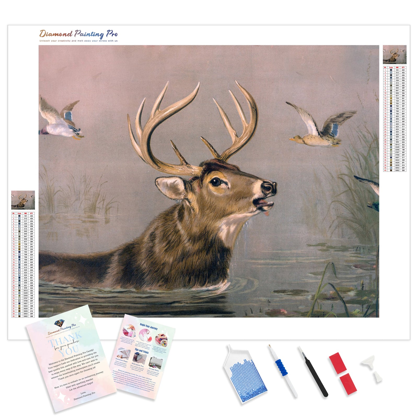 Stag in Water | Diamond Painting Kit - Full Drill - Square or Round Diamonds with AB Drills Option