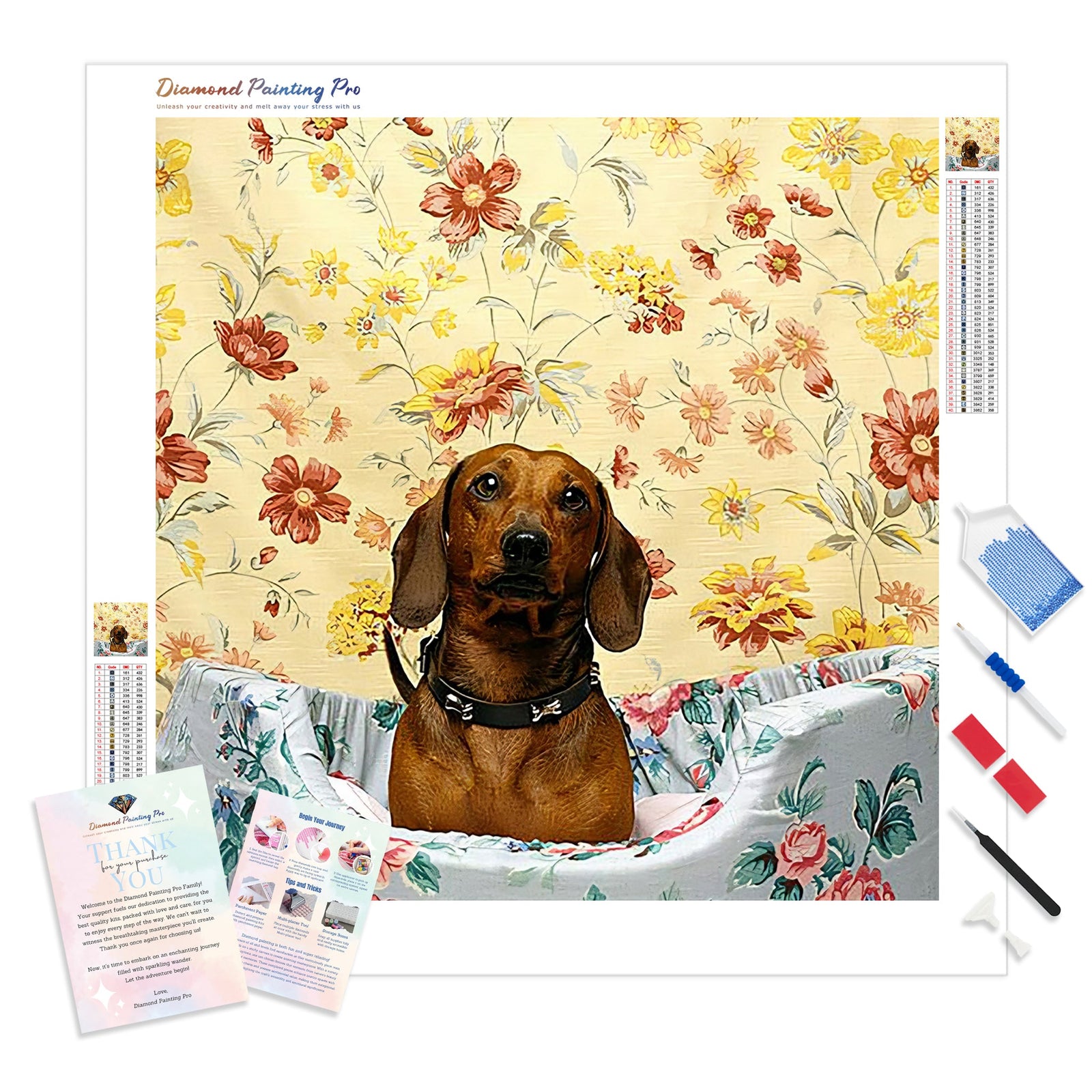 Dachshund Dog Floral | Diamond Painting Kit - Full Drill - Square or Round Diamonds with AB Drills Option