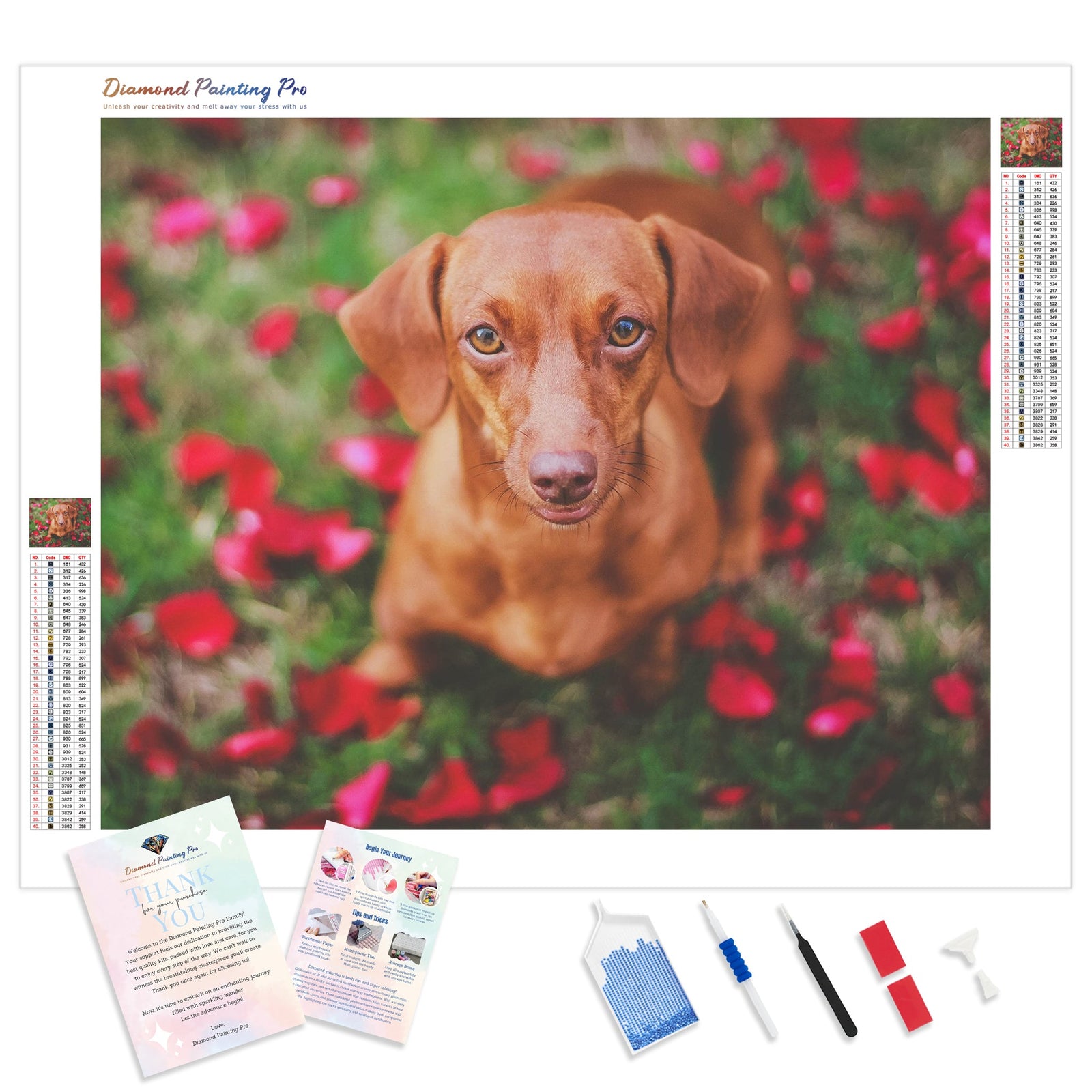 Dachshund Dog Rose Petals | Diamond Painting Kit - Full Drill - Square or Round Diamonds with AB Drills Option