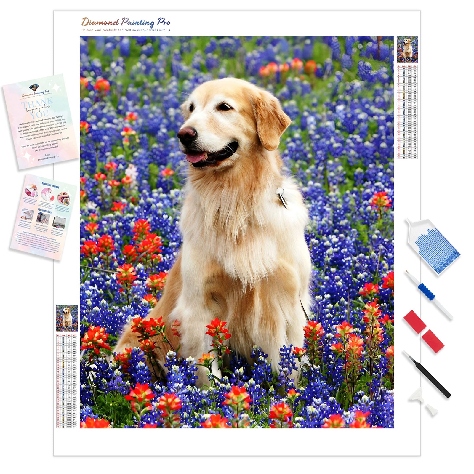 Golden Retriever Floral | Diamond Painting Kit - Full Drill - Square or Round Diamonds with AB Drills Option