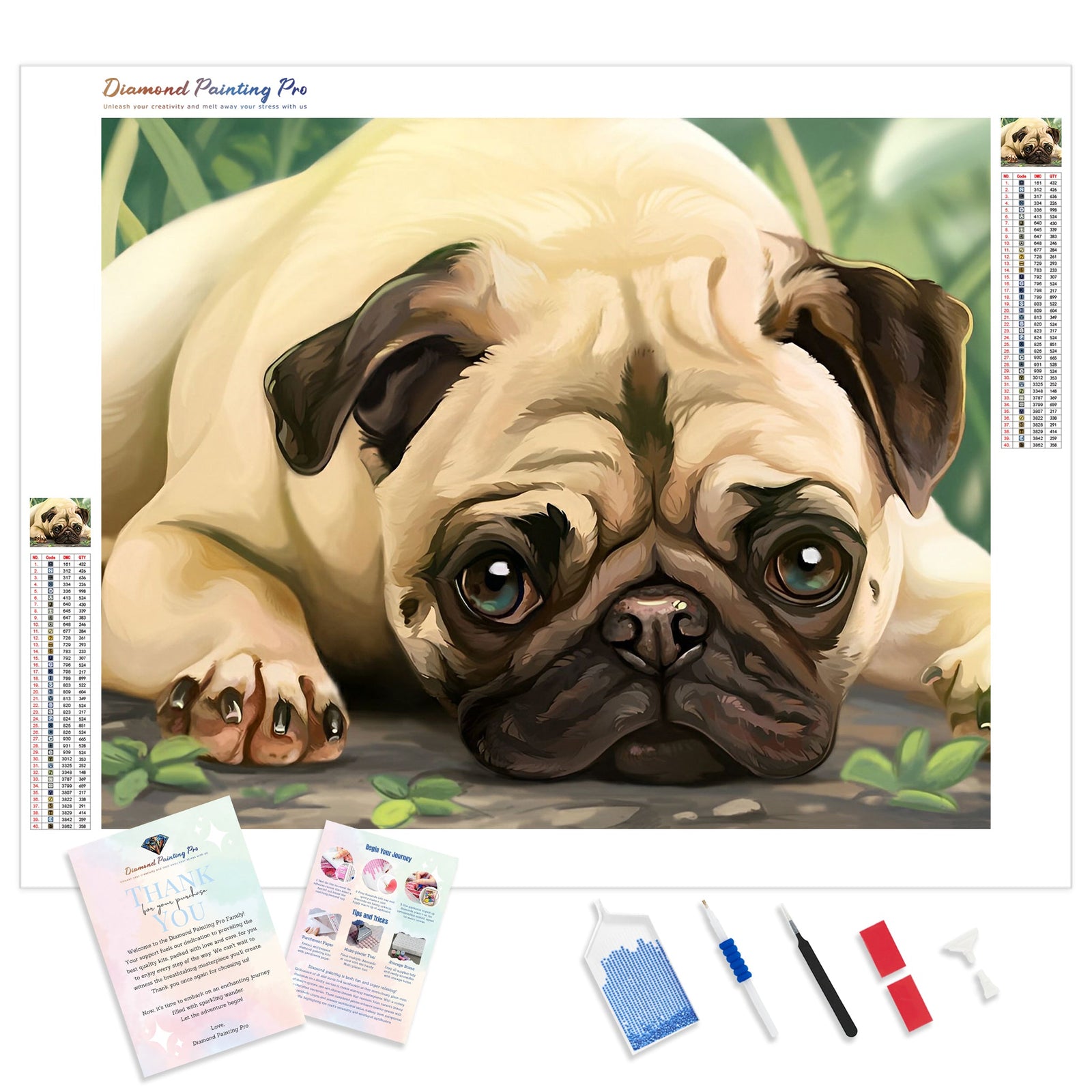 Pug Portrait | Diamond Painting Kit - Full Drill - Square or Round Diamonds with AB Drills Option