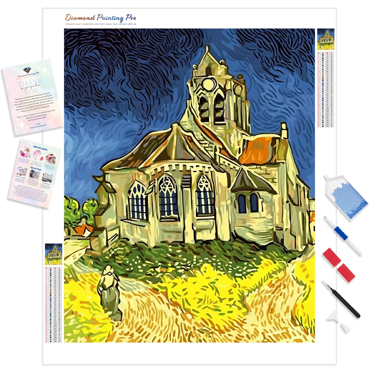 Church at Auvers - Van Gogh | Diamond Painting Kit - Full Drill - Square or Round Diamonds with AB Drills Option