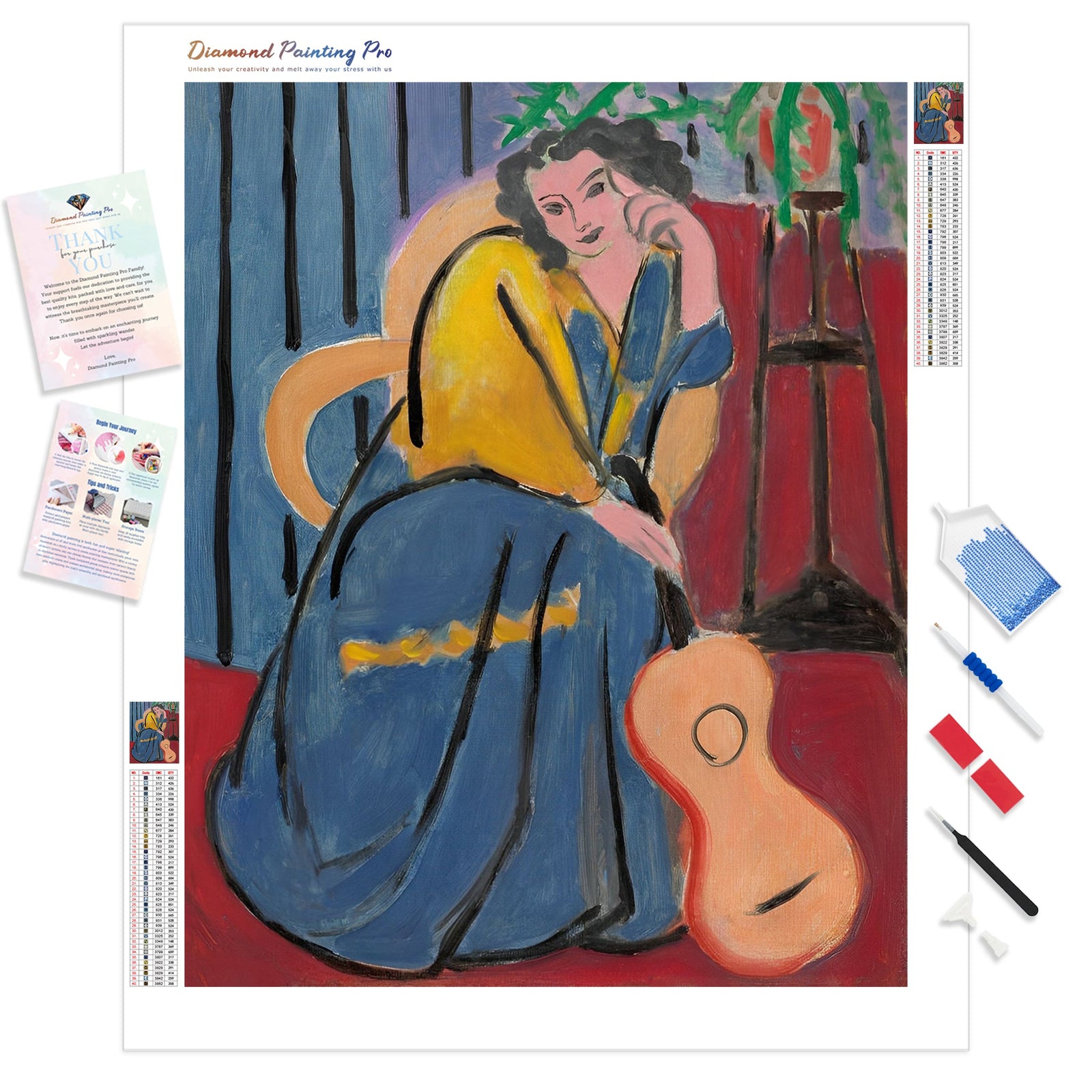 Girl in Yellow and Blue with Guitar | Diamond Painting Kit - Full Drill - Square or Round Diamonds with AB Drills Option