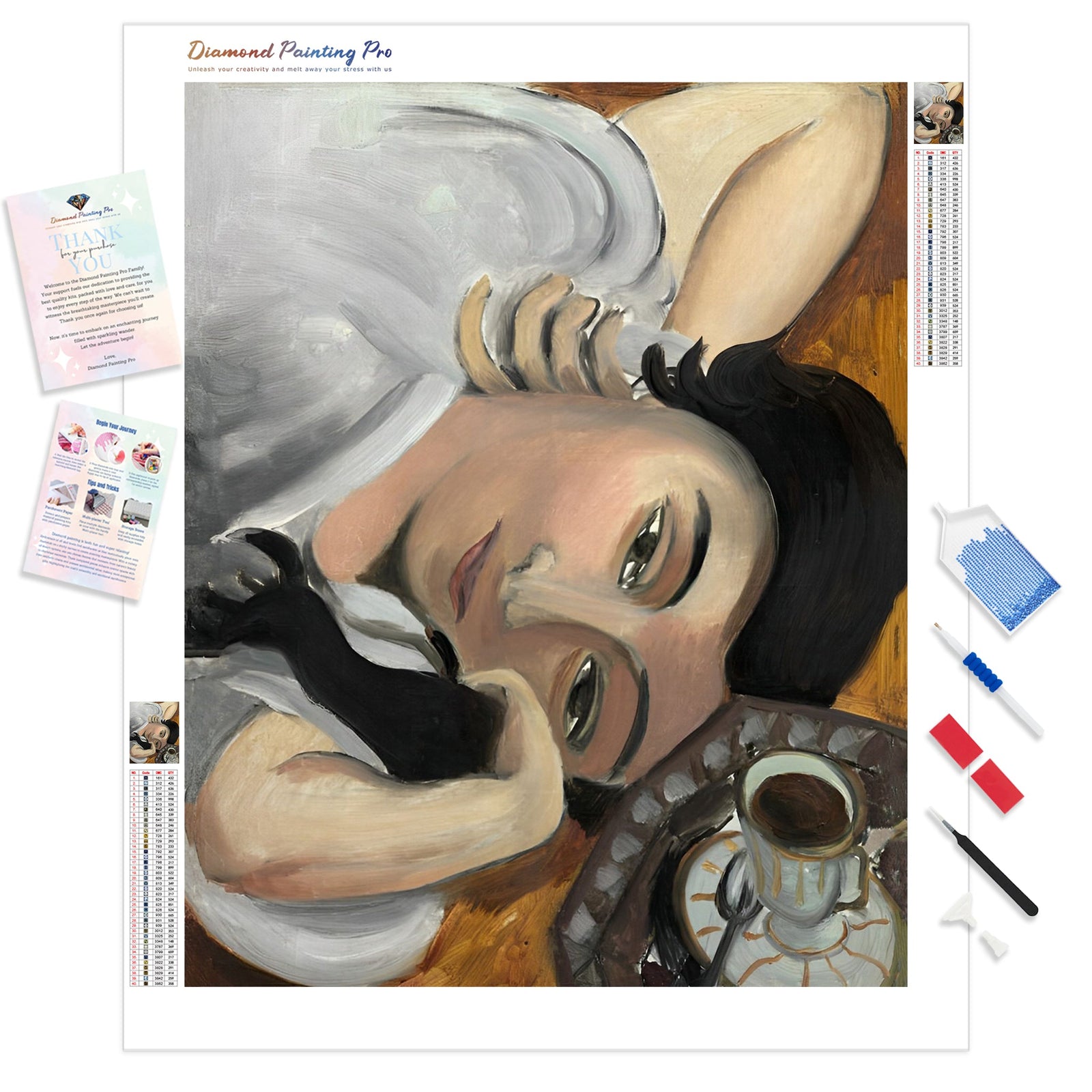 Laurette with a Cup of Coffee | Diamond Painting Kit - Full Drill - Square or Round Diamonds with AB Drills Option