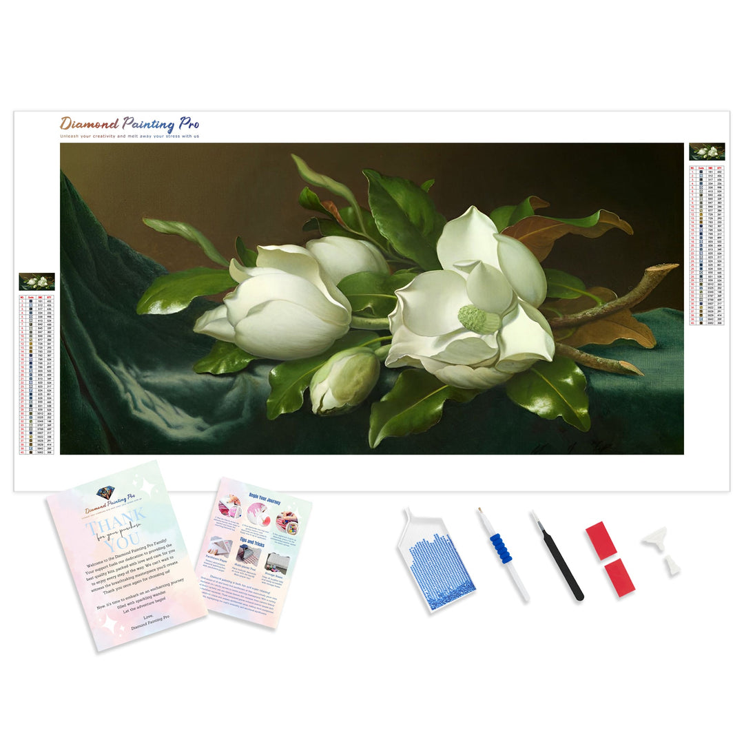 Magnolias on Light Blue Velvet Cloth | Diamond Painting Kit - Full Drill - Square or Round Diamonds with AB Drills Option