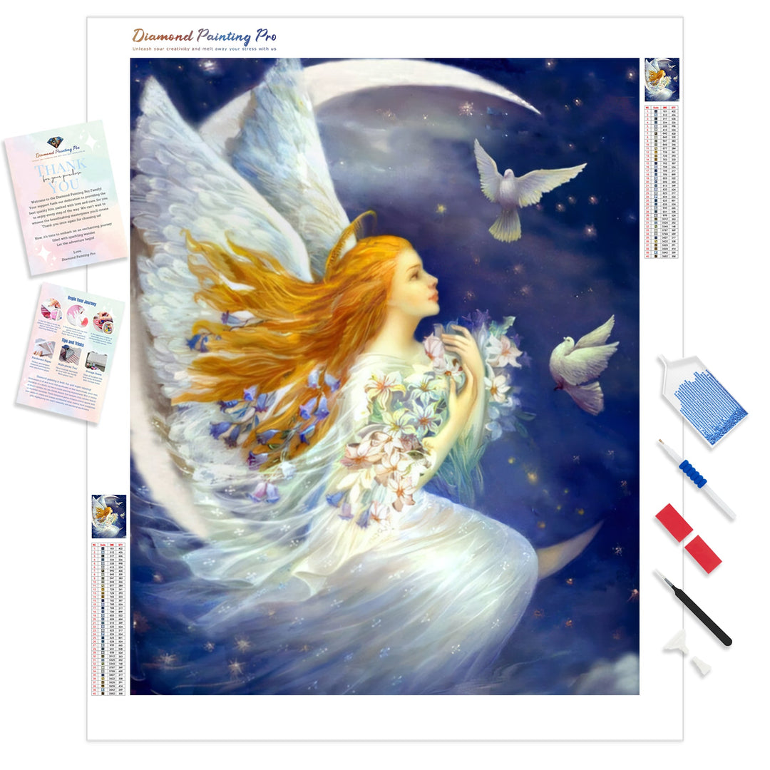 White dove angel sitting on the moon | Diamond Painting Kit - Full Drill - Square or Round Diamonds with AB Drills Option