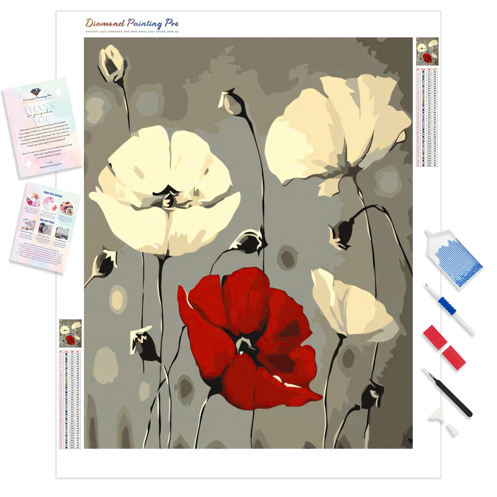 Red White Poppy Flower | Diamond Painting Kit - Full Drill - Square or Round Diamonds with AB Drills Option