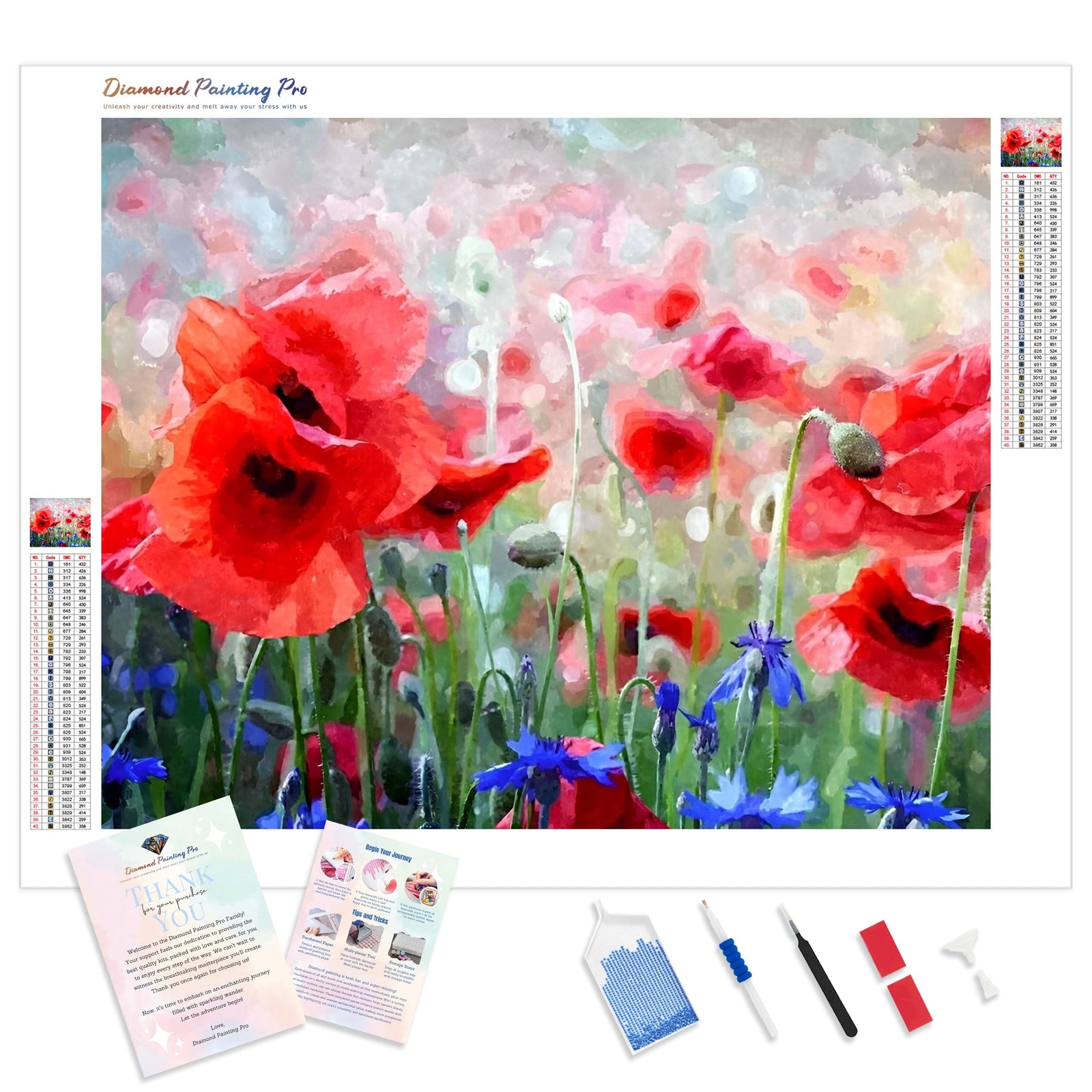 Red Poppies and Blue Cornflowers | Diamond Painting Kit - Full Drill - Square or Round Diamonds with AB Drills Option