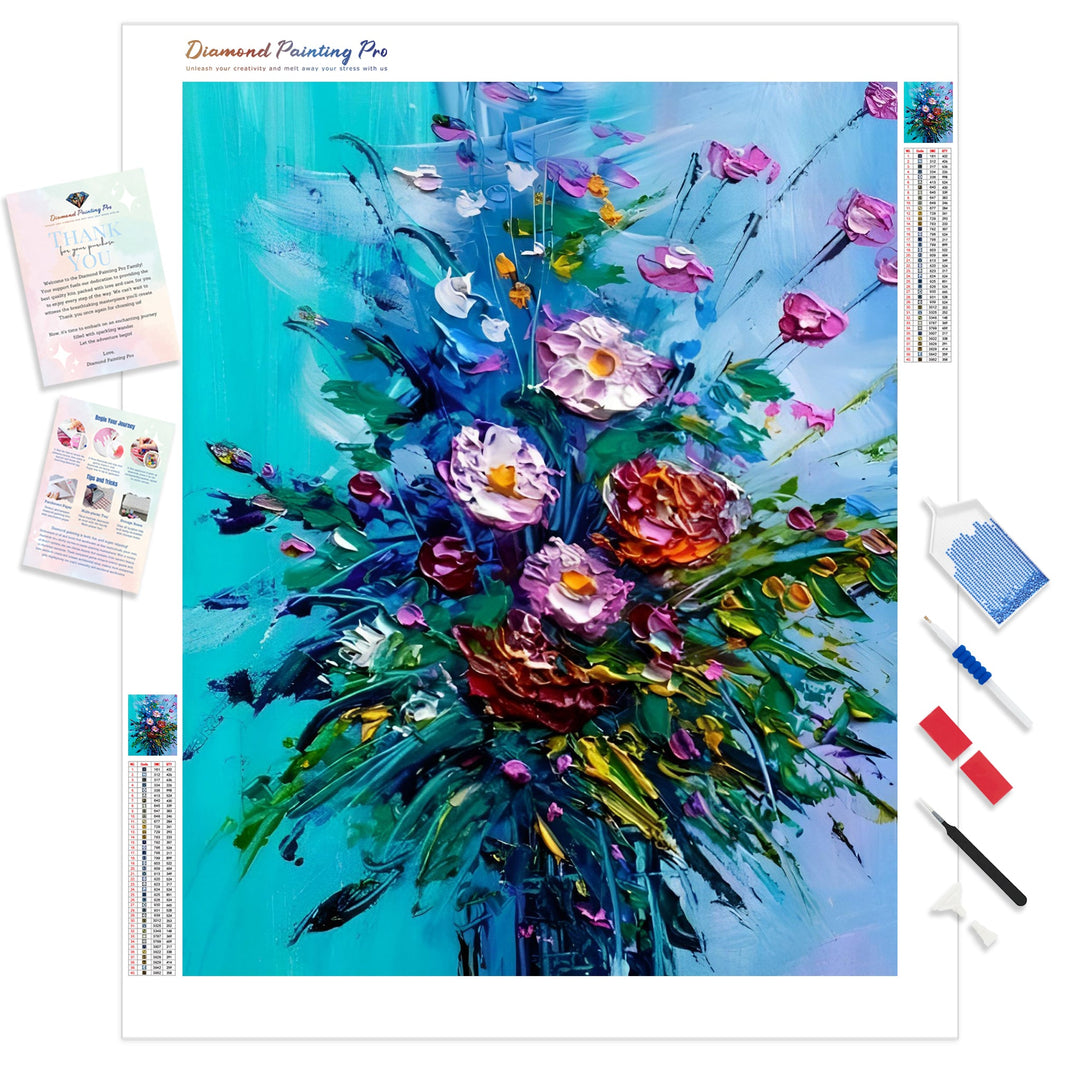 Bouquet of Flowers on Blue Background | Diamond Painting